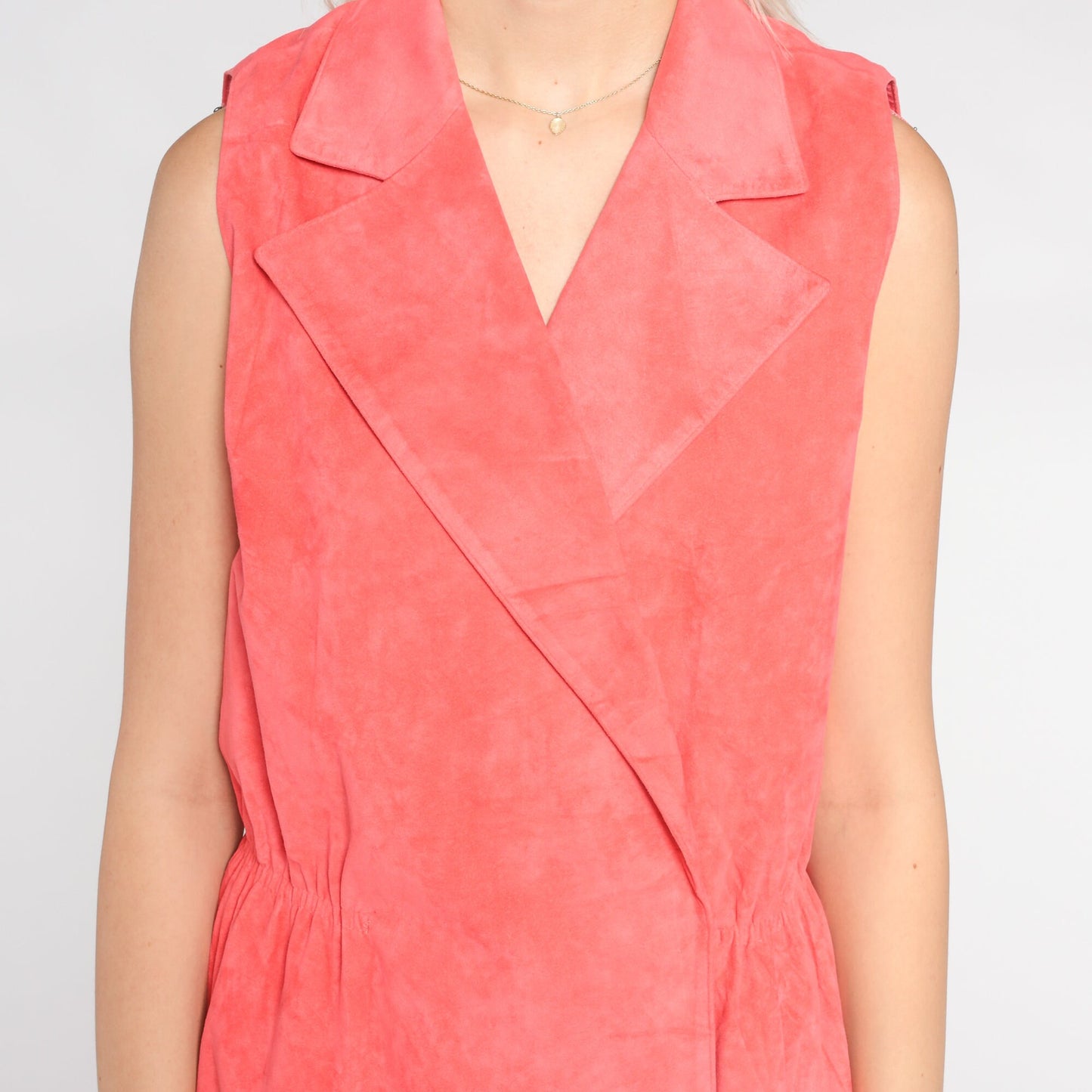 80s Salmon Pink Faux Suede Midi Dress Collared V-Neck Wrap High Waist Medium Large