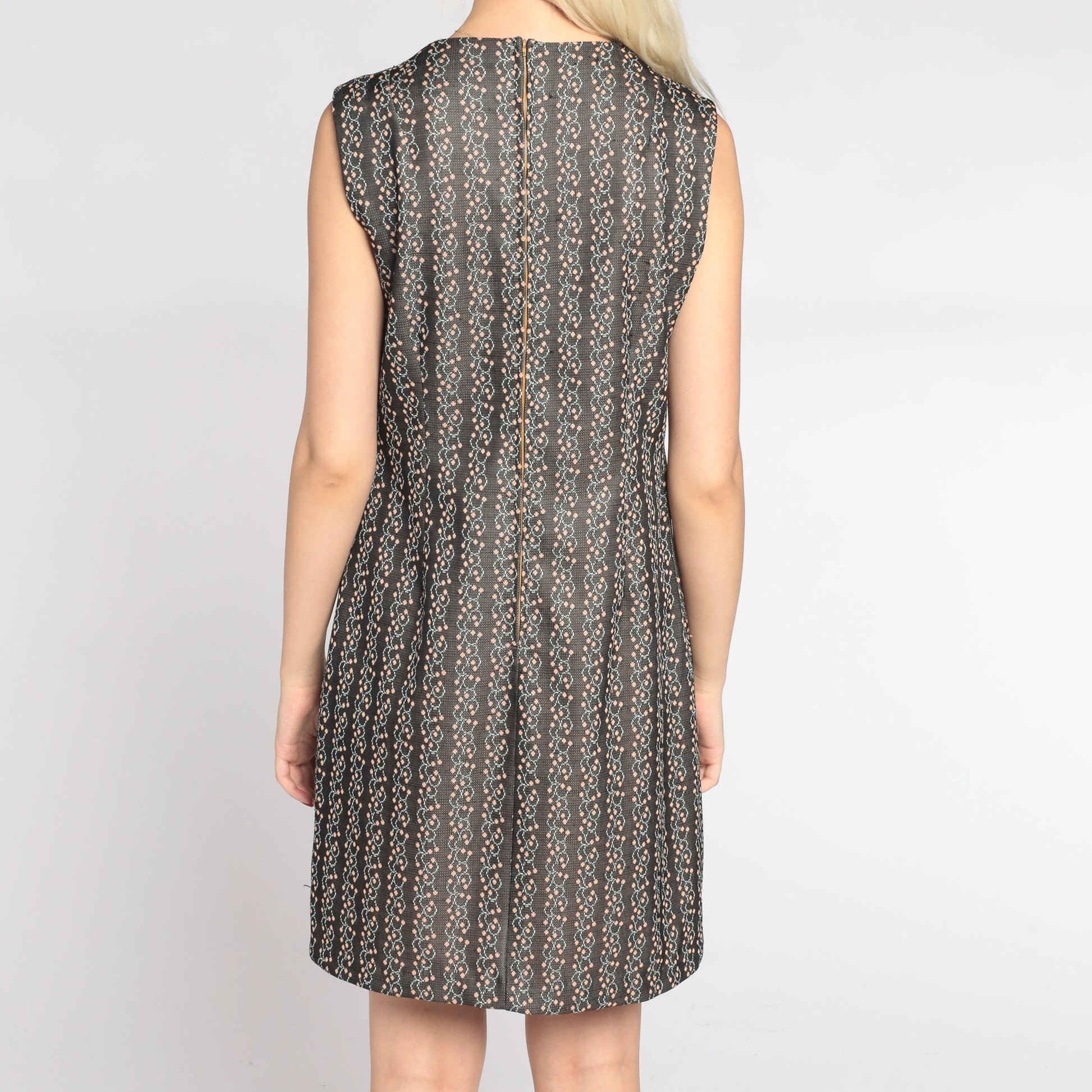 60s Floral Shift Mini Dress Grey V-Neck Sleeveless Small