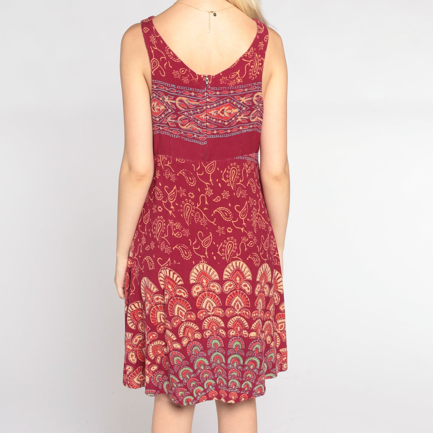 90s Red Mandala Floral Mini Dress V-Neck Empire Waist Sleeveless Large L