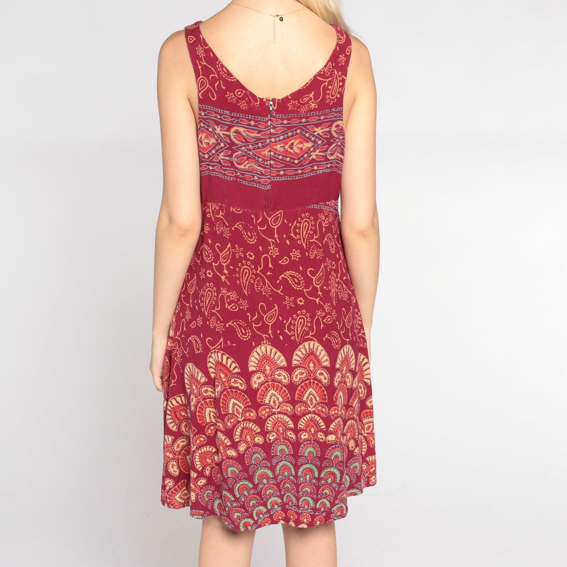 90s Red Mandala Floral Mini Dress V-Neck Empire Waist Sleeveless Large L