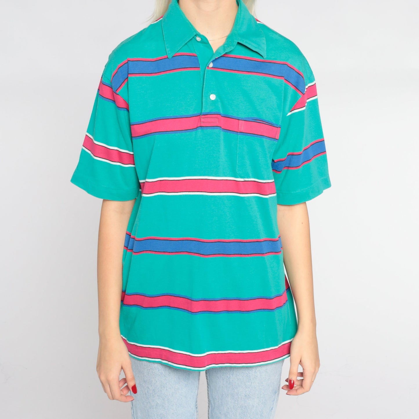 90s Green Striped Polo Shirt Pink Blue Stripes Collared Short Sleeve Small
