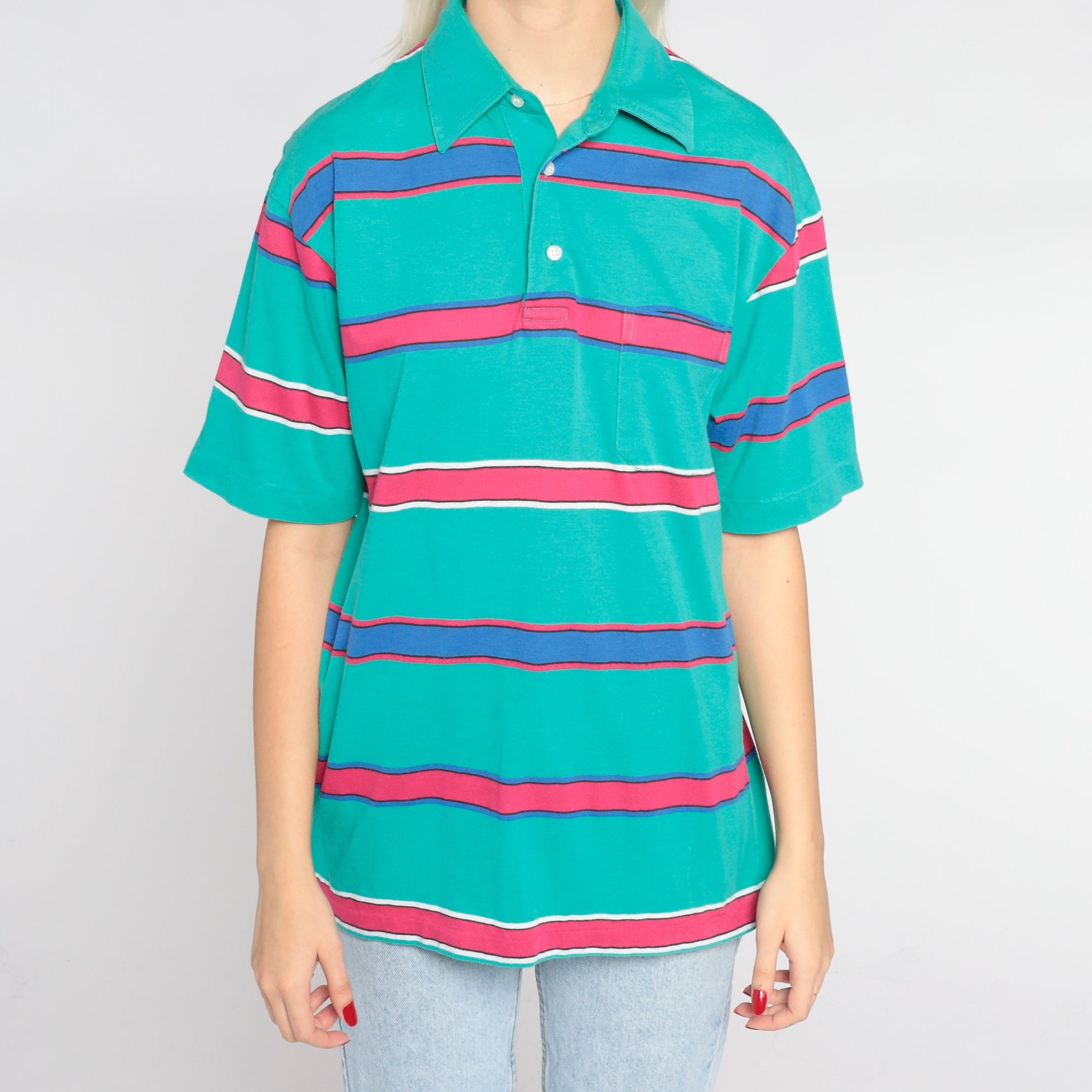 90s Green Striped Polo Shirt Pink Blue Stripes Collared Short Sleeve Small