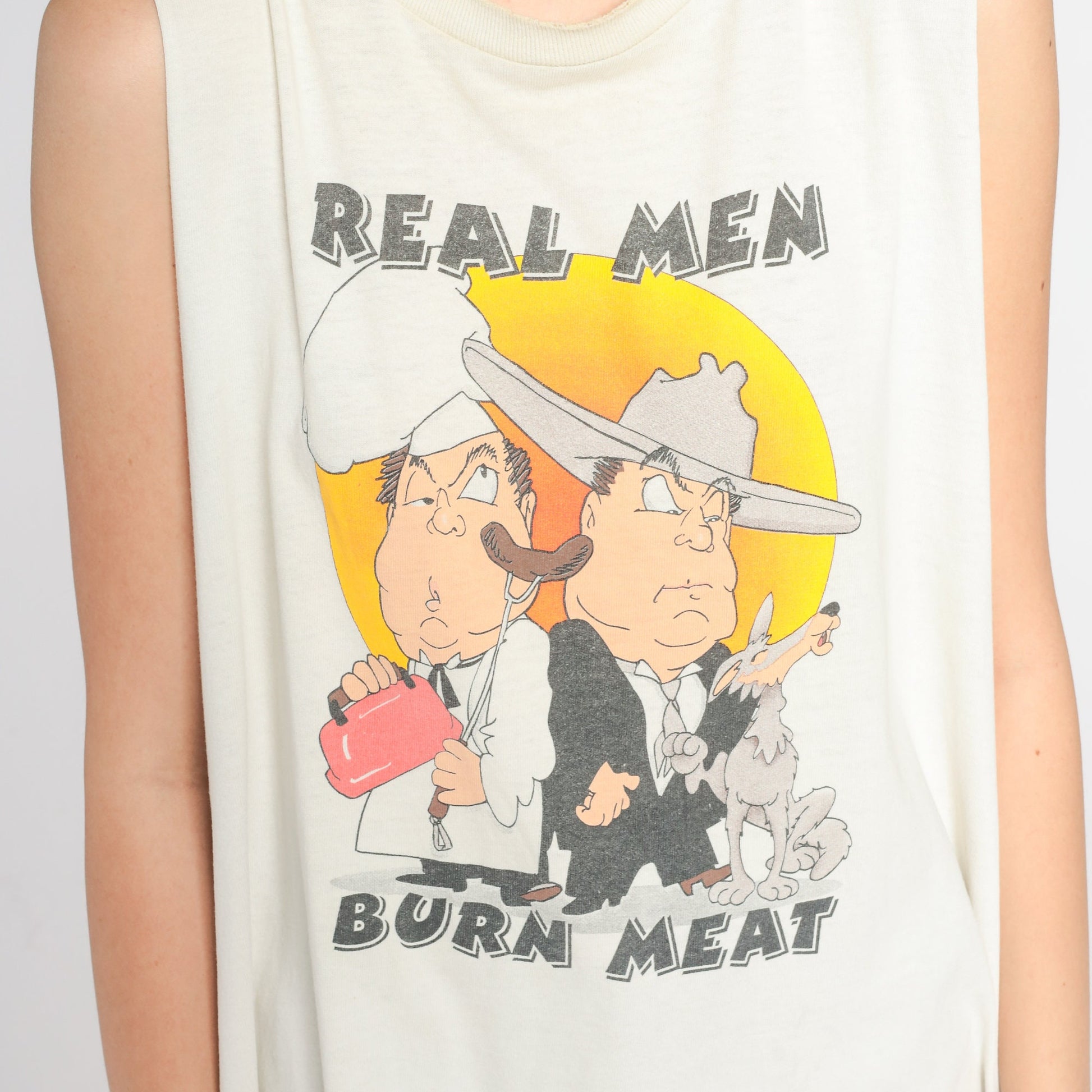00s Real Men Burn Meat Graphic Tank Top White Cowboy Chef XXL