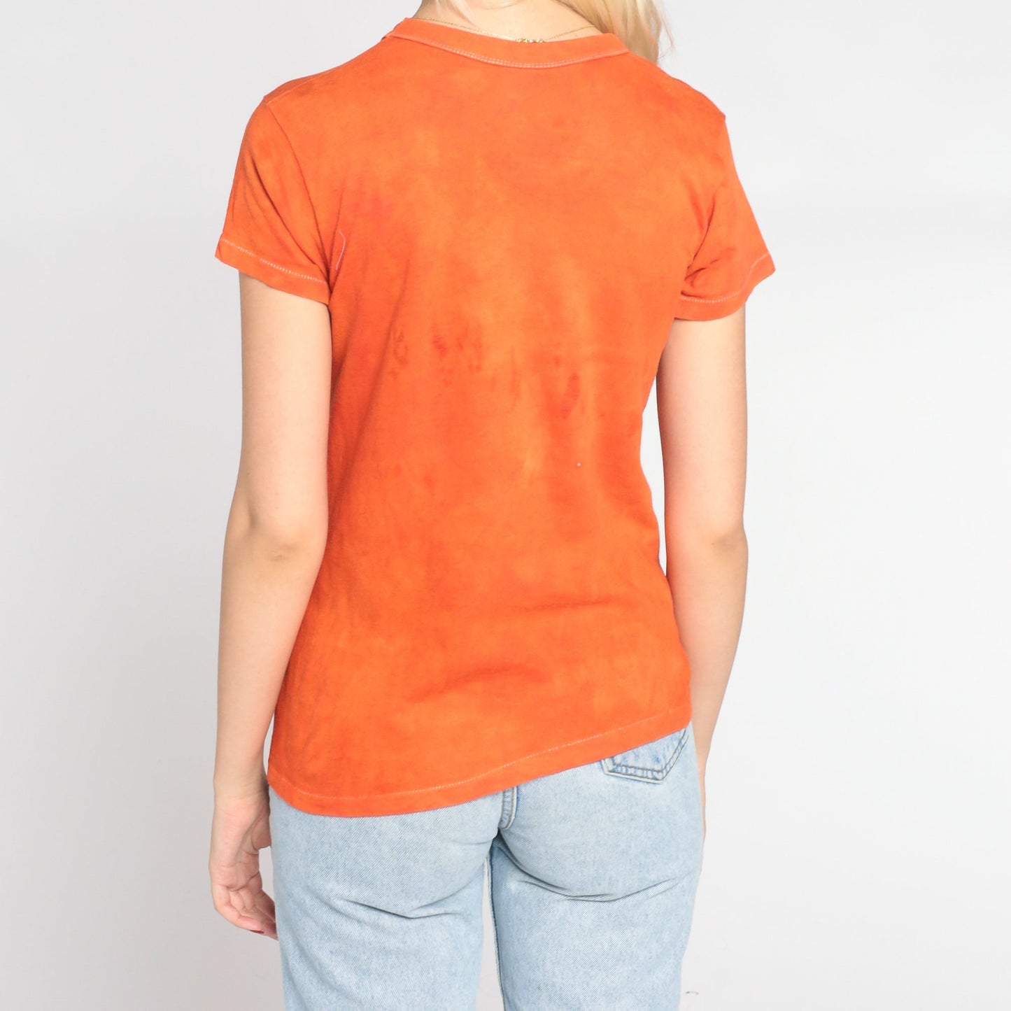 80s Stegosaurus Dinosaur Tie Dye Graphic T-Shirt Holly Orange Single Stitch XS