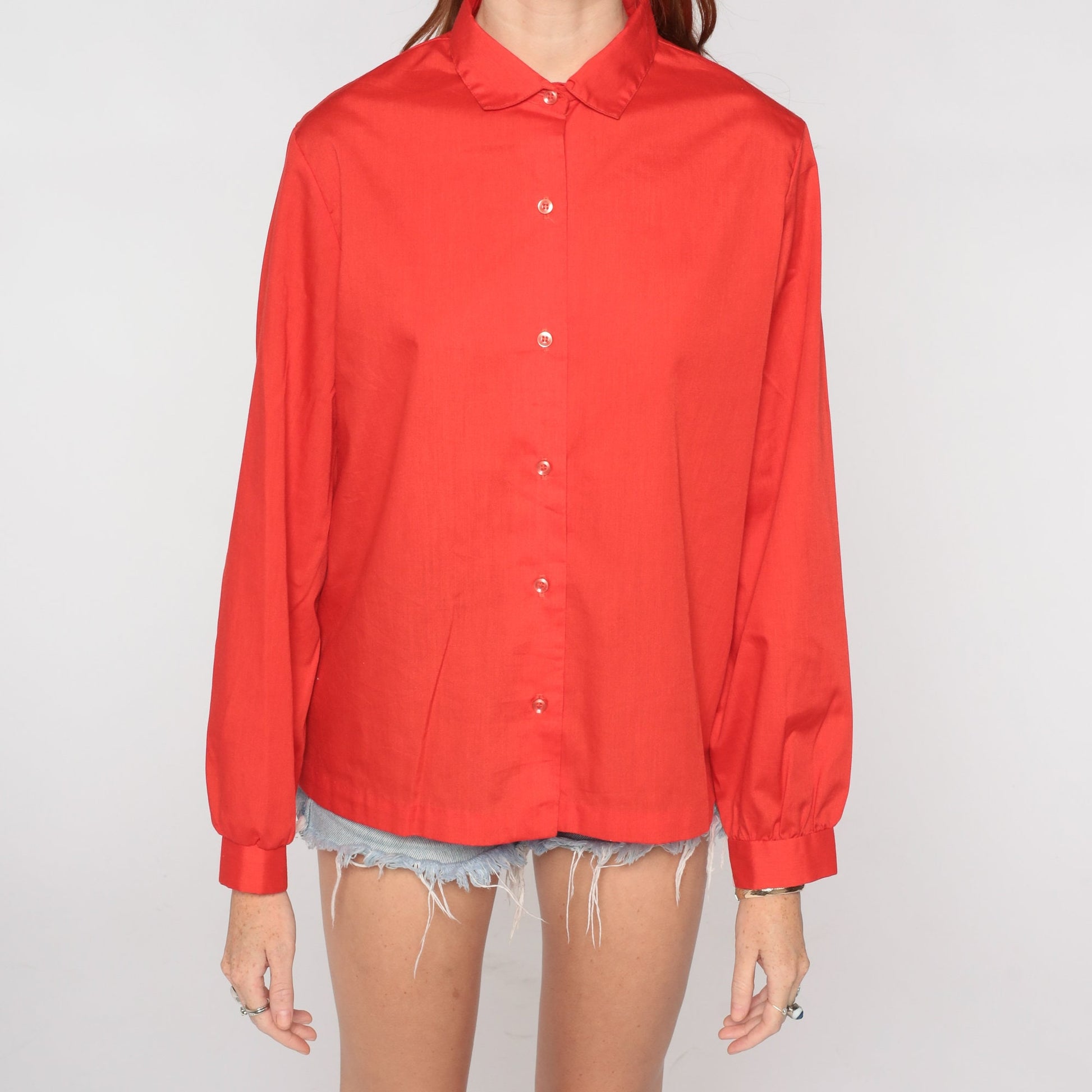 80s Red Button-Up Blouse Collared Long Sleeve Shirt Medium