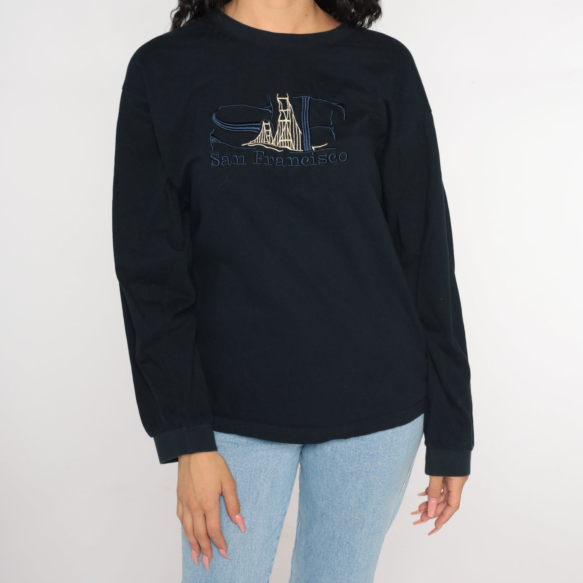 Y2K San Francisco Golden Gate Bridge Embroidered Long Sleeve Tee Navy Extra Large XXL