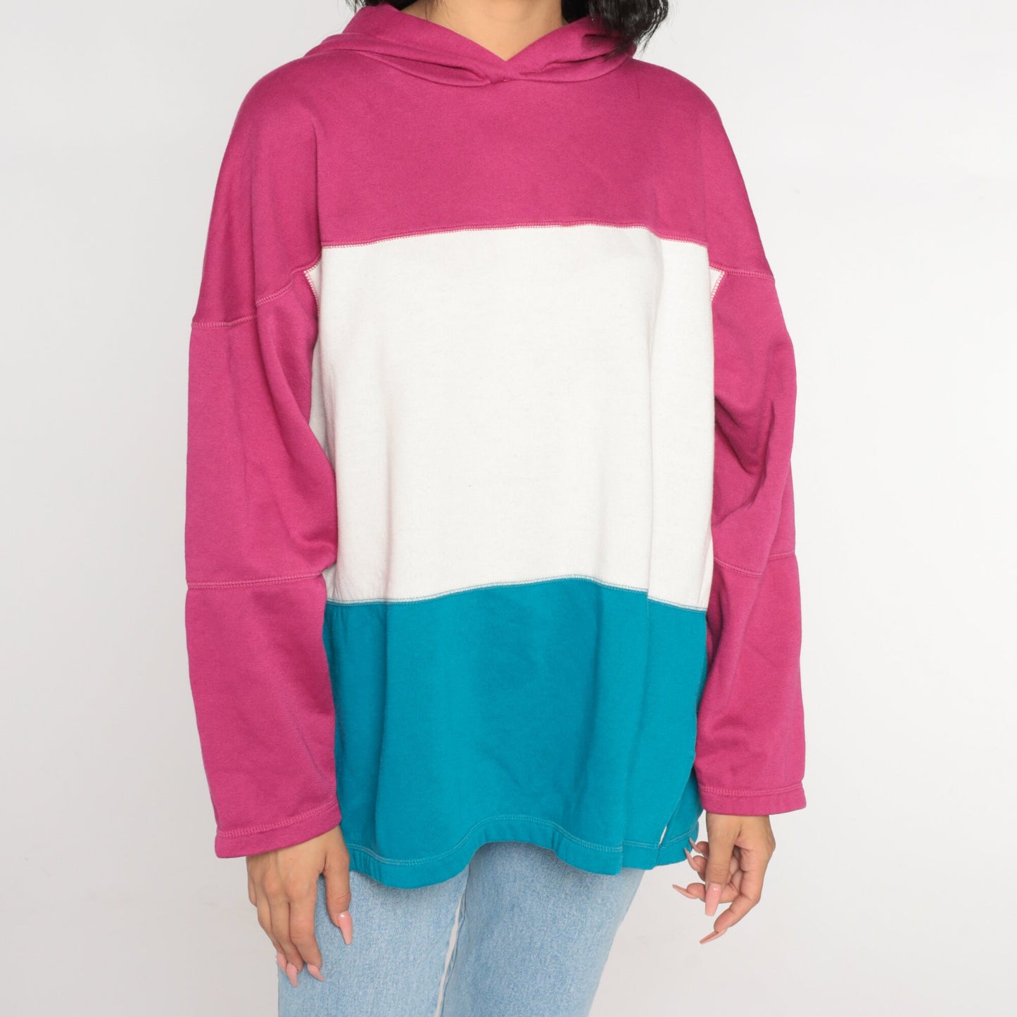 90s Color Block Hoodie White Pink Blue Striped Sweatshirt Large L