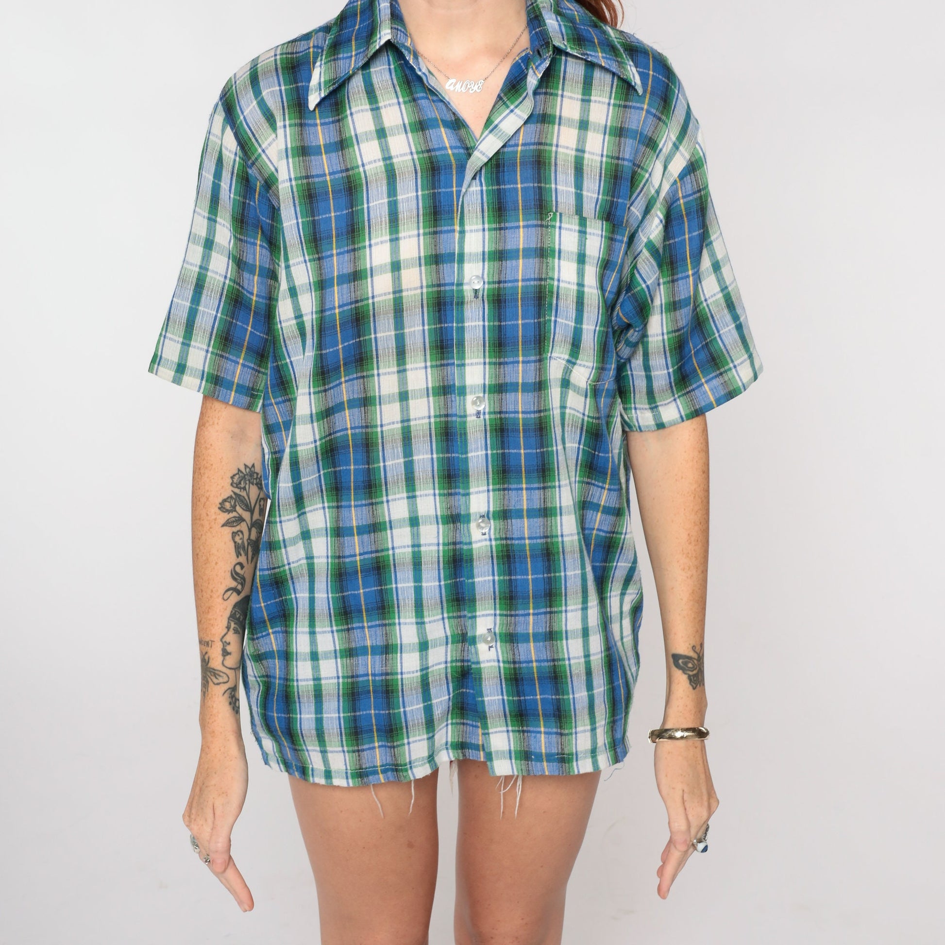 70s Blue Plaid Button-Up Shirt Green White Pointed Collar Short Sleeve Large