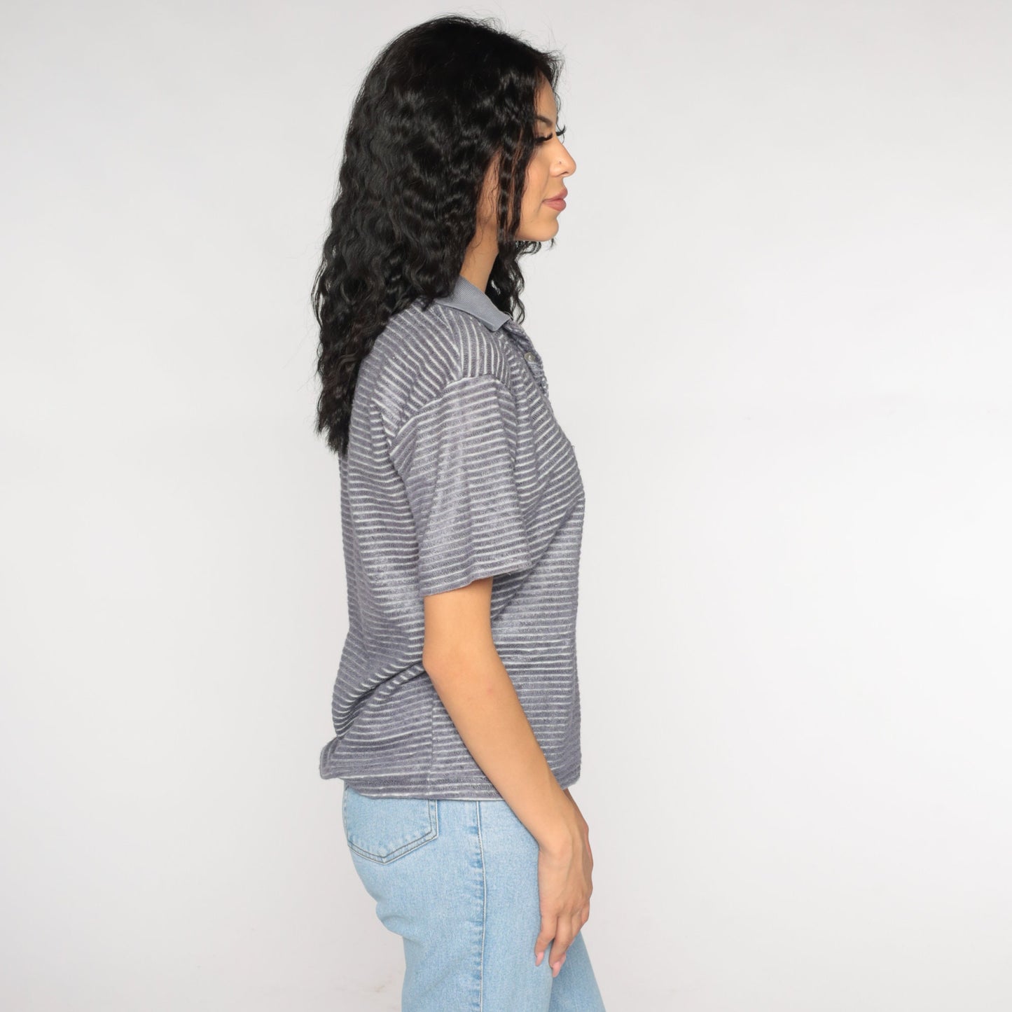 90s Grey Striped Terry Cloth Polo Shirt Half Button Collared Medium M