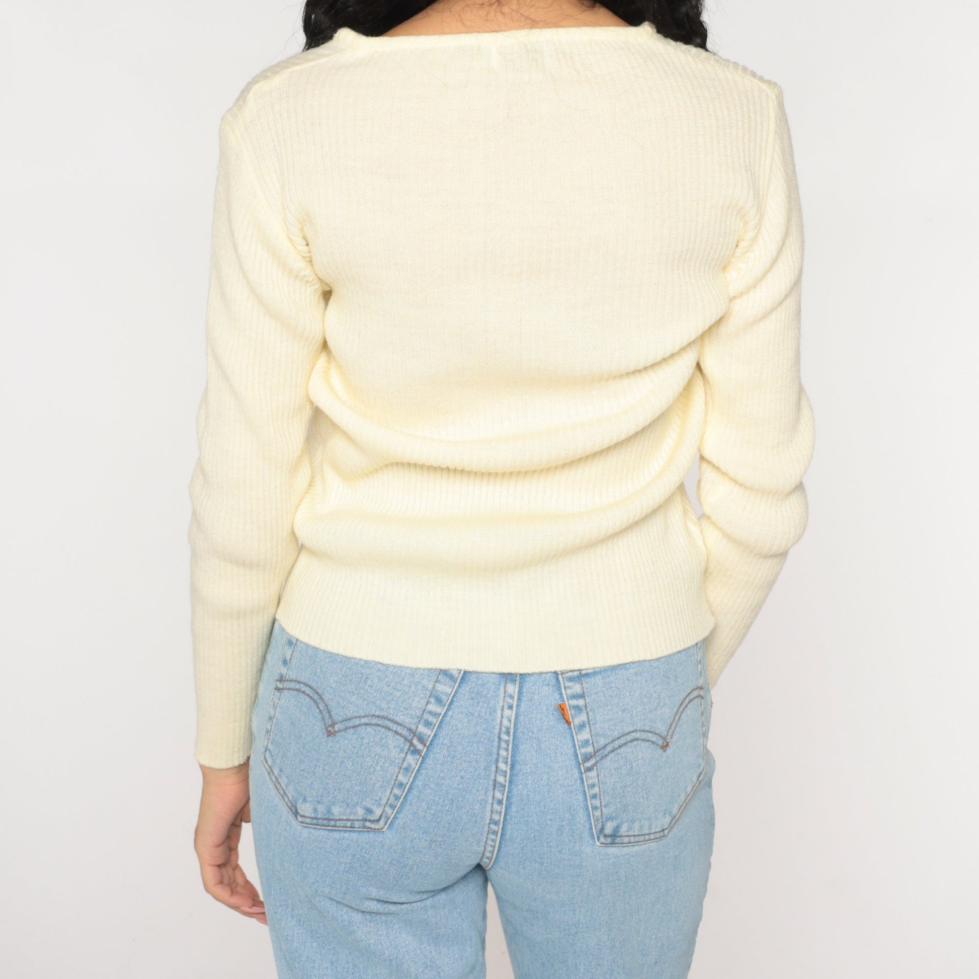 70s Cream Ribbed Knit Crewneck Pullover Sweater Small Medium