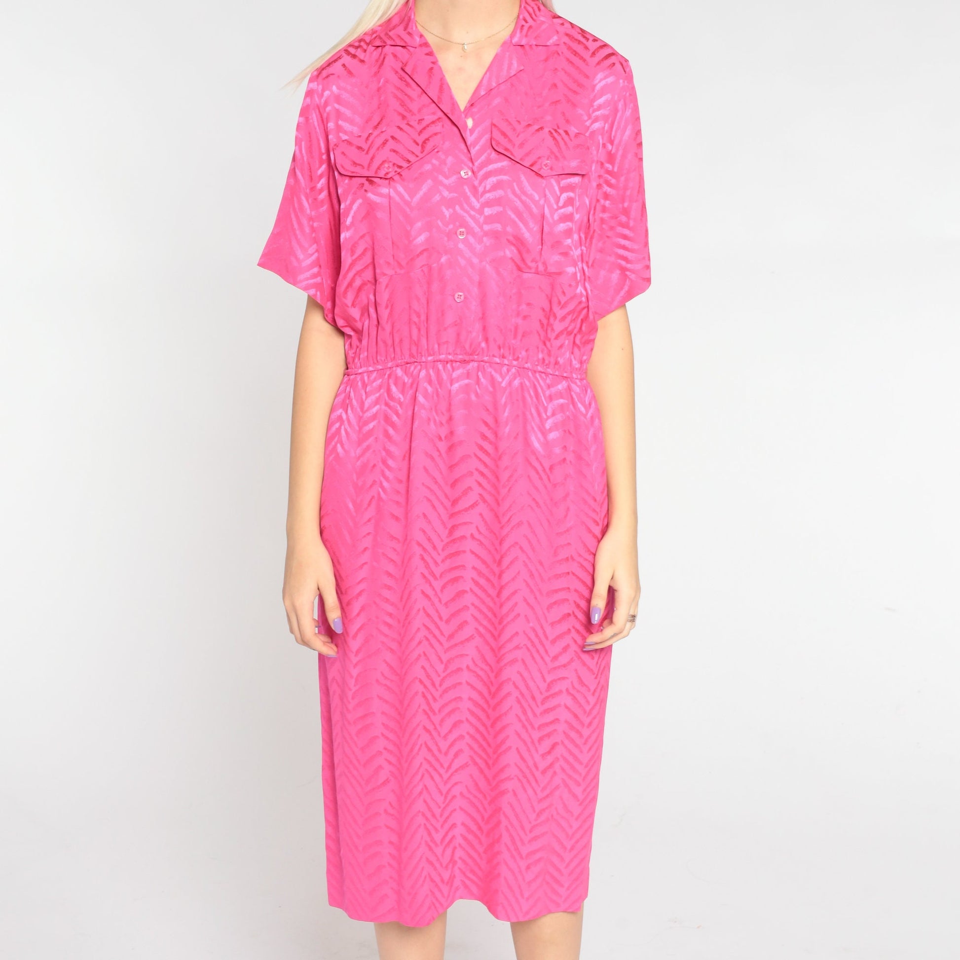 90s Liz Claiborne Hot Pink Silk Midi Dress Embossed Chevron Shirtwaist Small