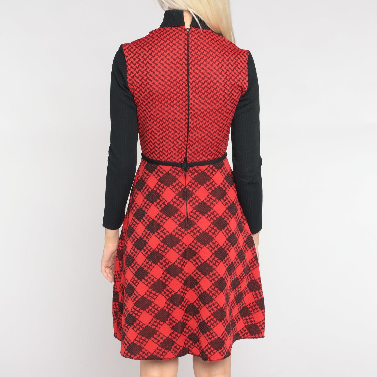 70s Red Checkered Mini Dress Black Turtleneck Attached Sleeves Extra Small