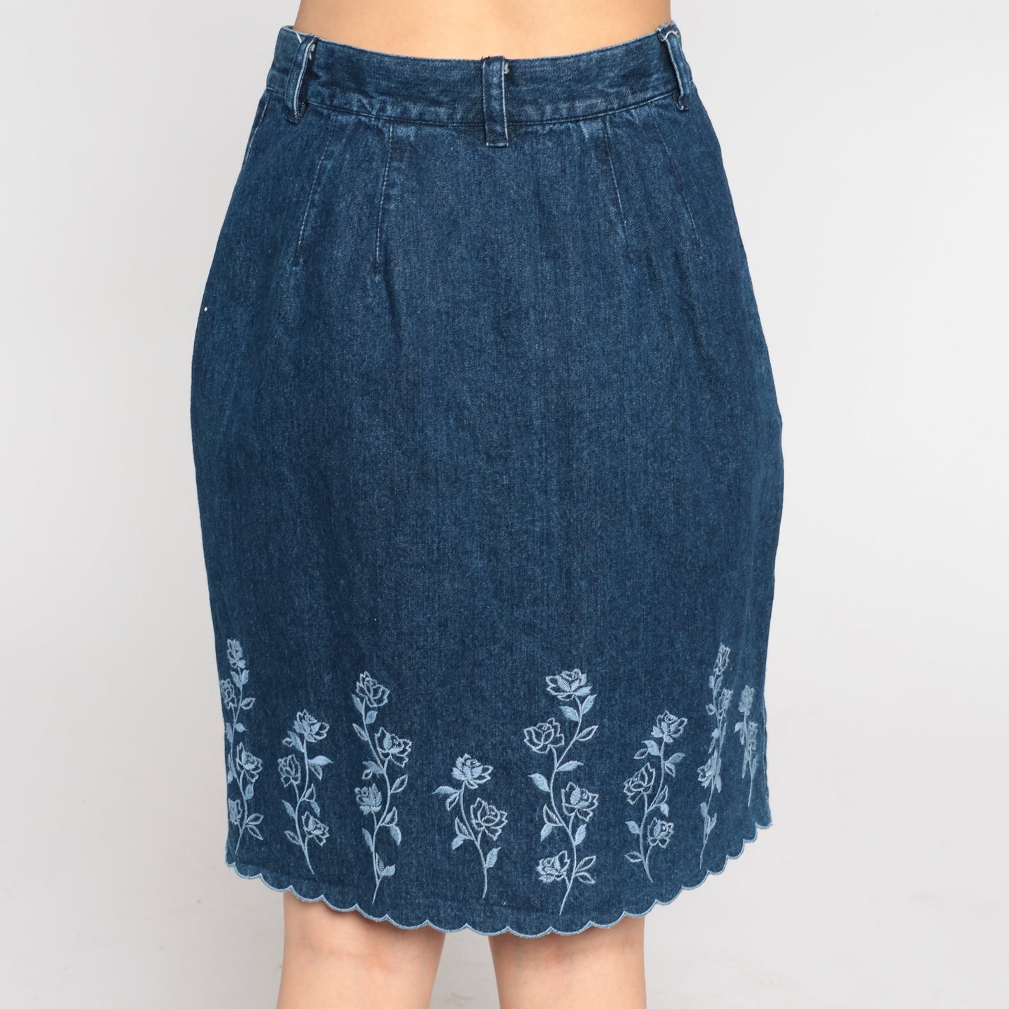 00s Liz Claiborne Floral Embroidered Denim Mini Skirt Dark Blue High Waisted Small