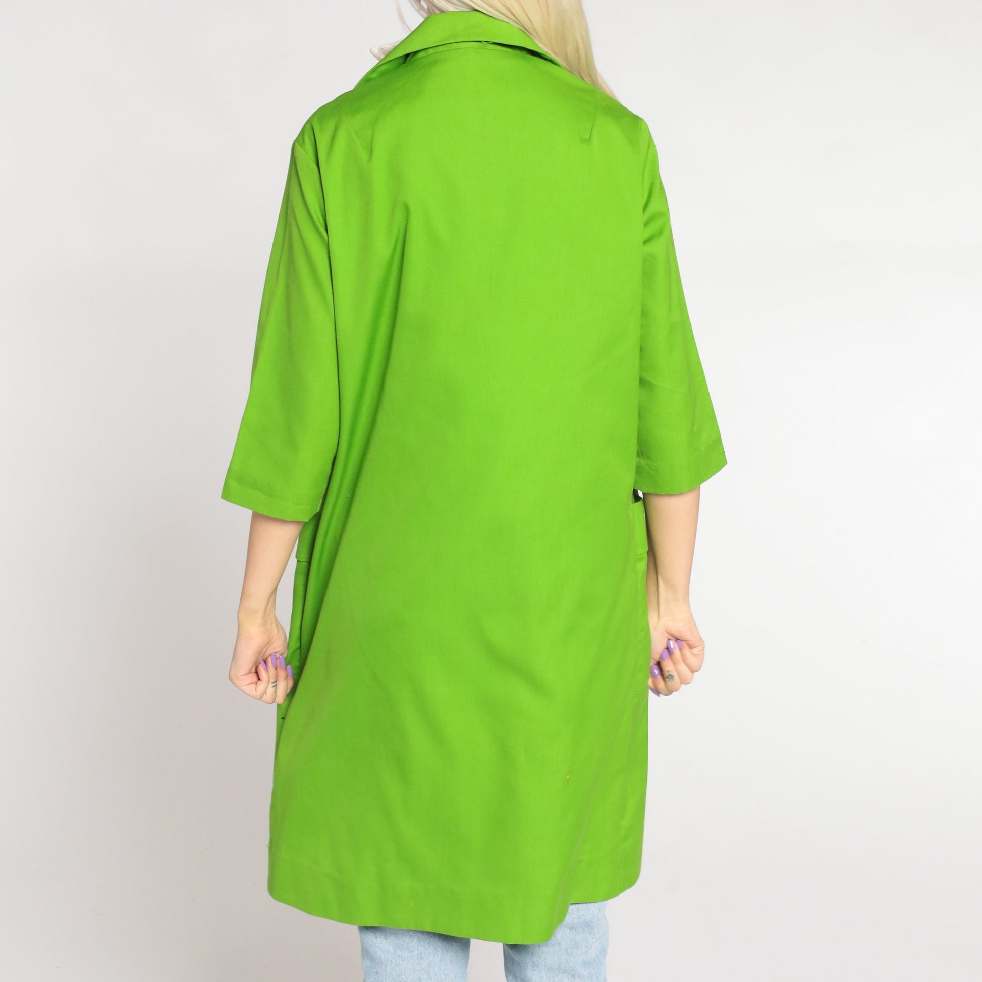 60s Lime Green Floral Embroidered Trench Coat Double Breasted 3/4 Sleeve Small