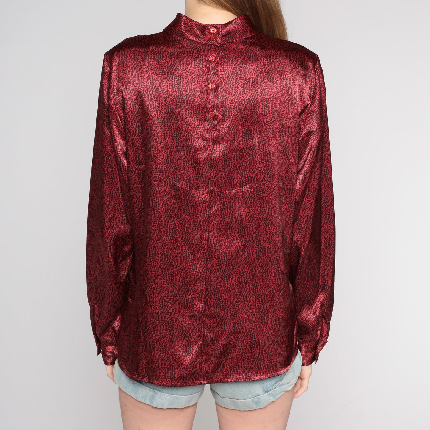 Y2K Dark Red Abstract Dot Print Long Sleeve Blouse Mock Neck Medium 8
