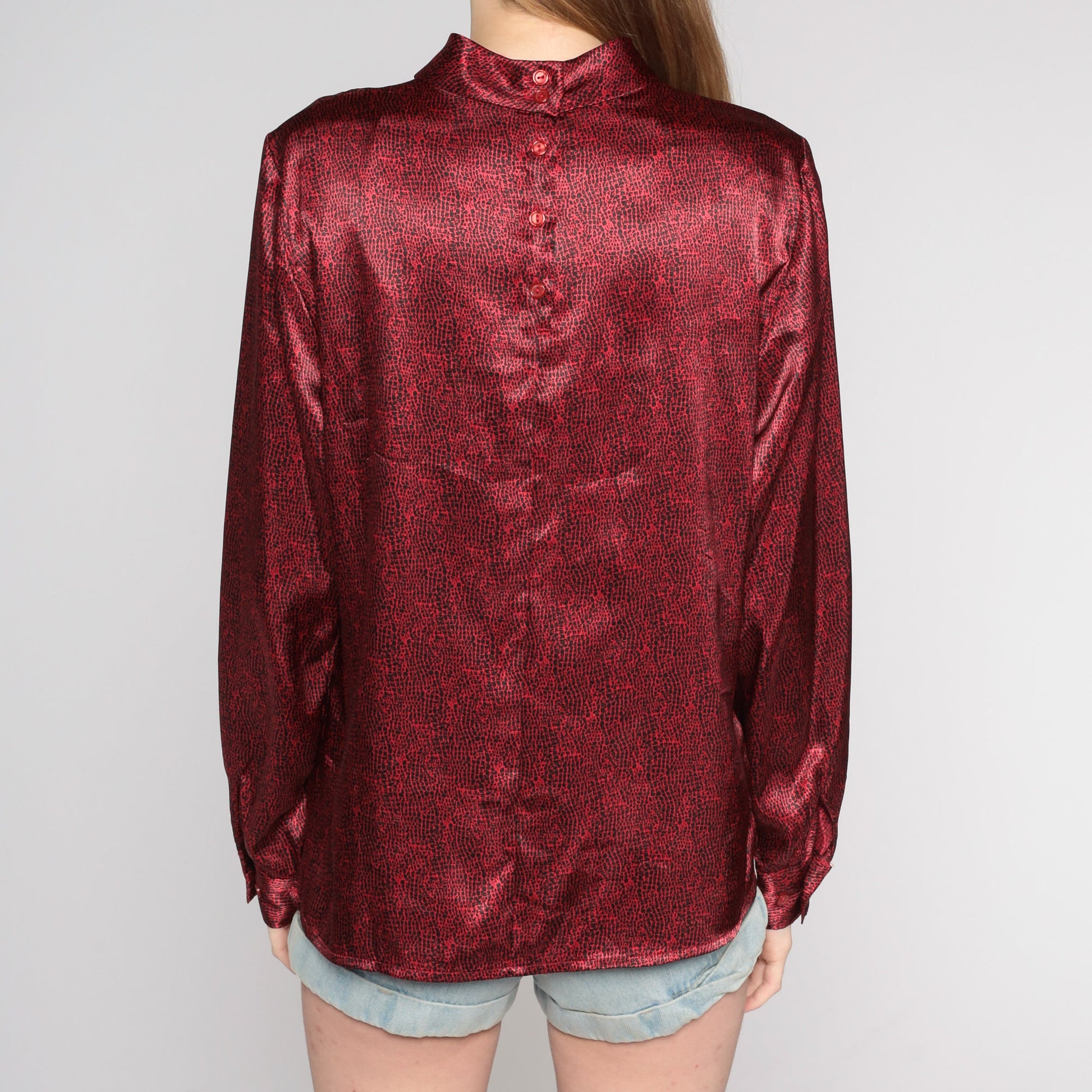 Y2K Dark Red Abstract Dot Print Long Sleeve Blouse Mock Neck Medium 8
