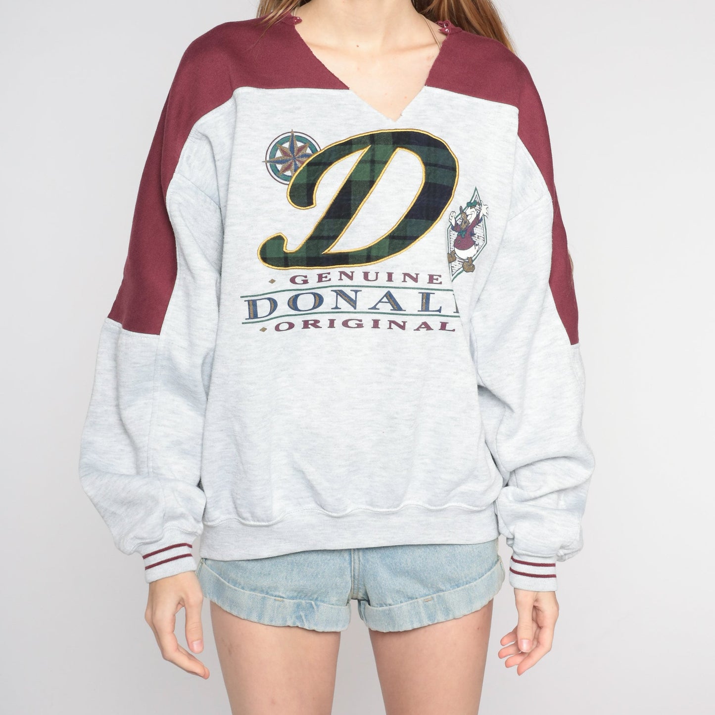 90s Donald Duck Disney Graphic Sweatshirt Grey Red Plaid Extra Large XL