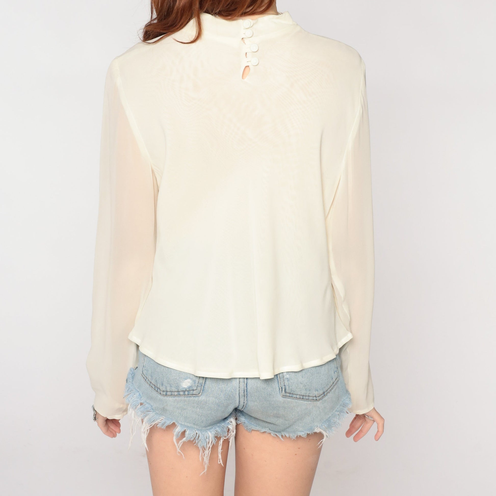 90s Cream Chiffon Mock Neck Blouse Sheer Long Sleeve Party Top Medium