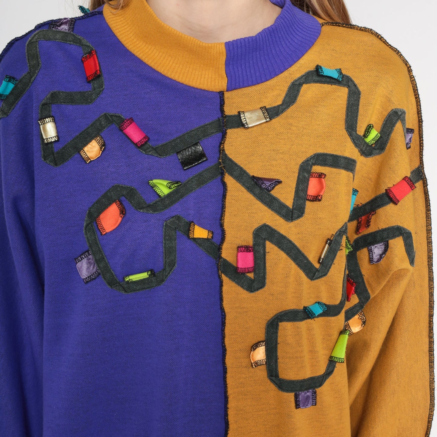 80s Color Block Sweatshirt Purple Mustard Crewneck Pullover Medium M