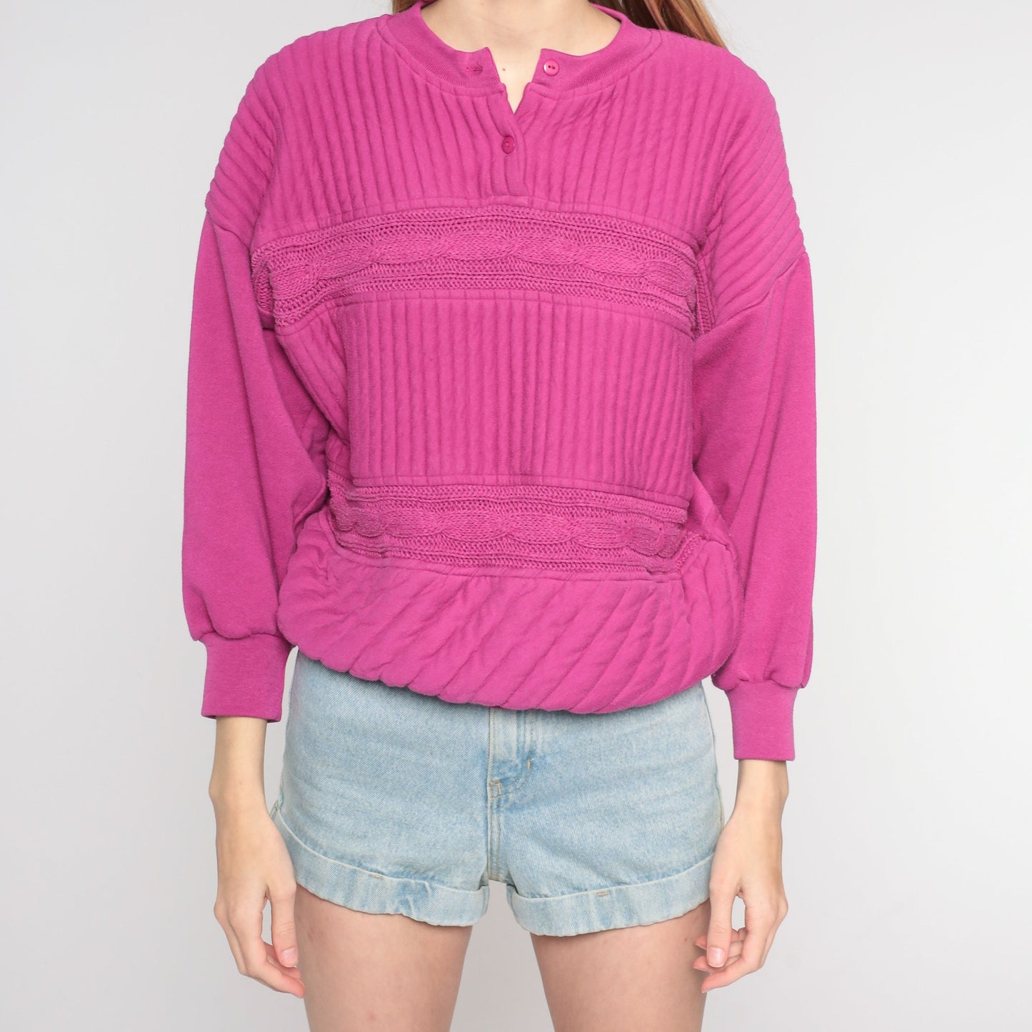 90s Quilted Cable Knit Sweatshirt Fuchsia Henley Pullover Medium M