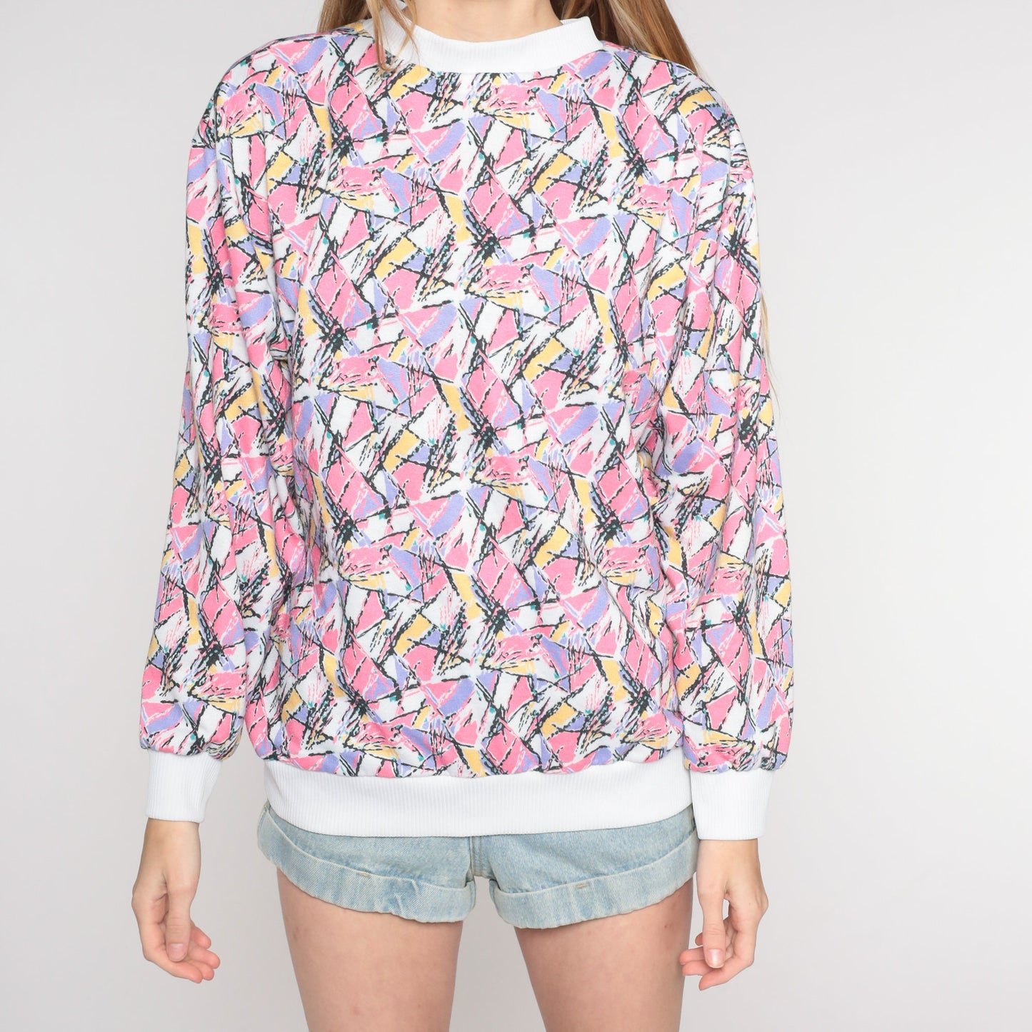 80s Abstract Print Crewneck Sweatshirt Multicolor Pullover Medium M