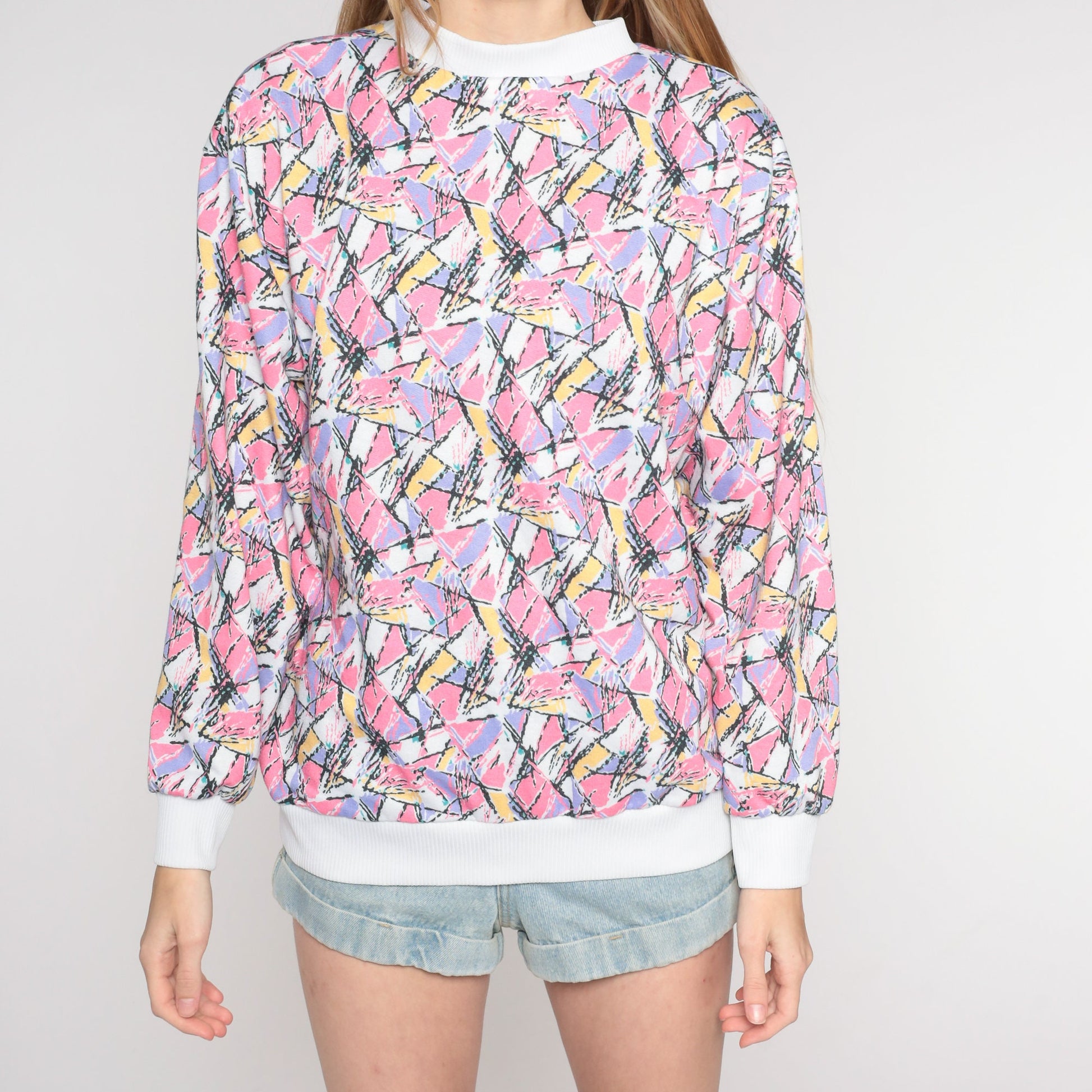 80s Abstract Print Crewneck Sweatshirt Multicolor Pullover Medium M