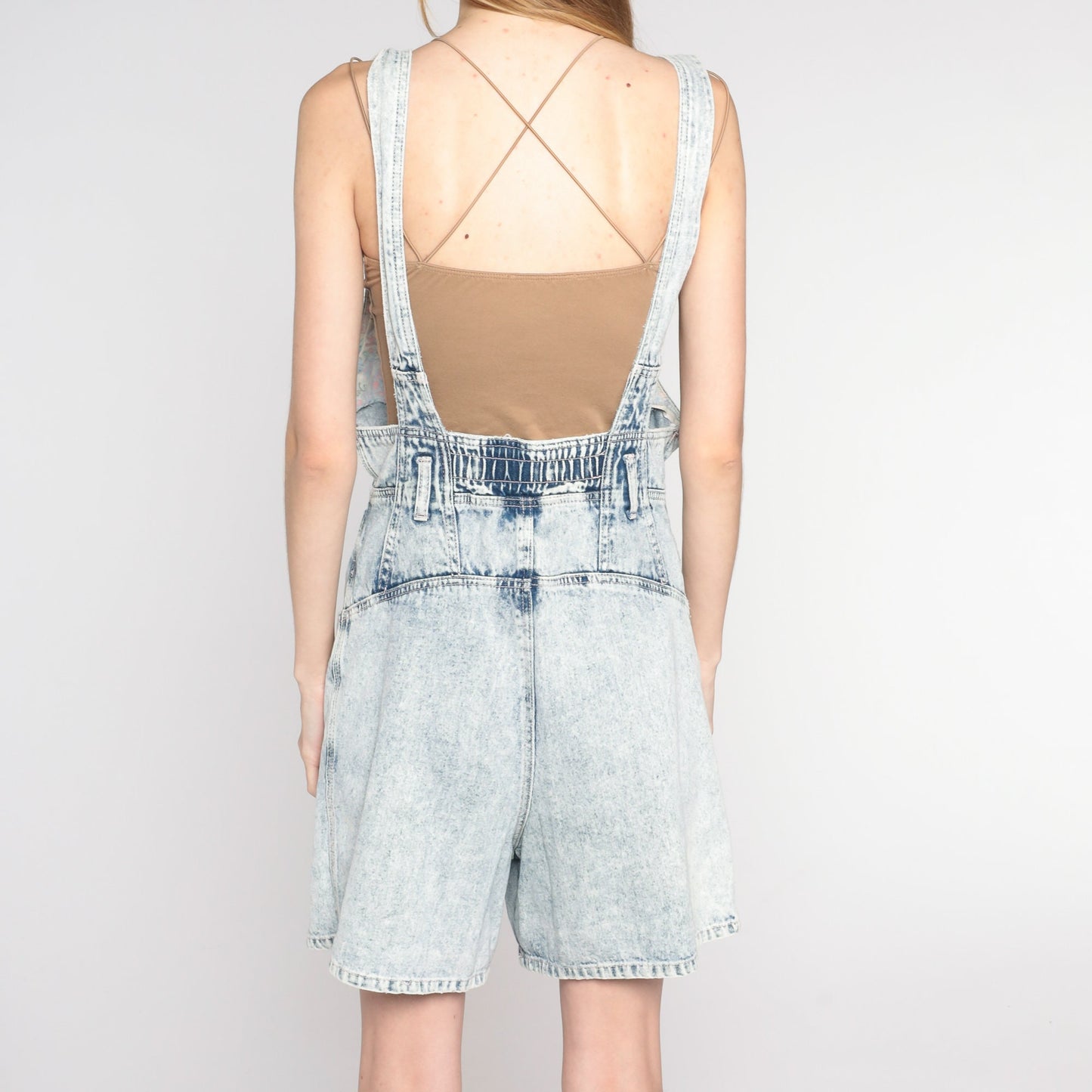 90s Acid Wash Denim Shortalls Light Blue Suspender Zip Chest Small S