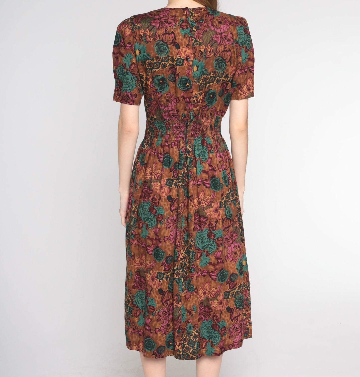 90s Brown Floral Midi Dress High Waist Puff Sleeve Pleated Rayon Small