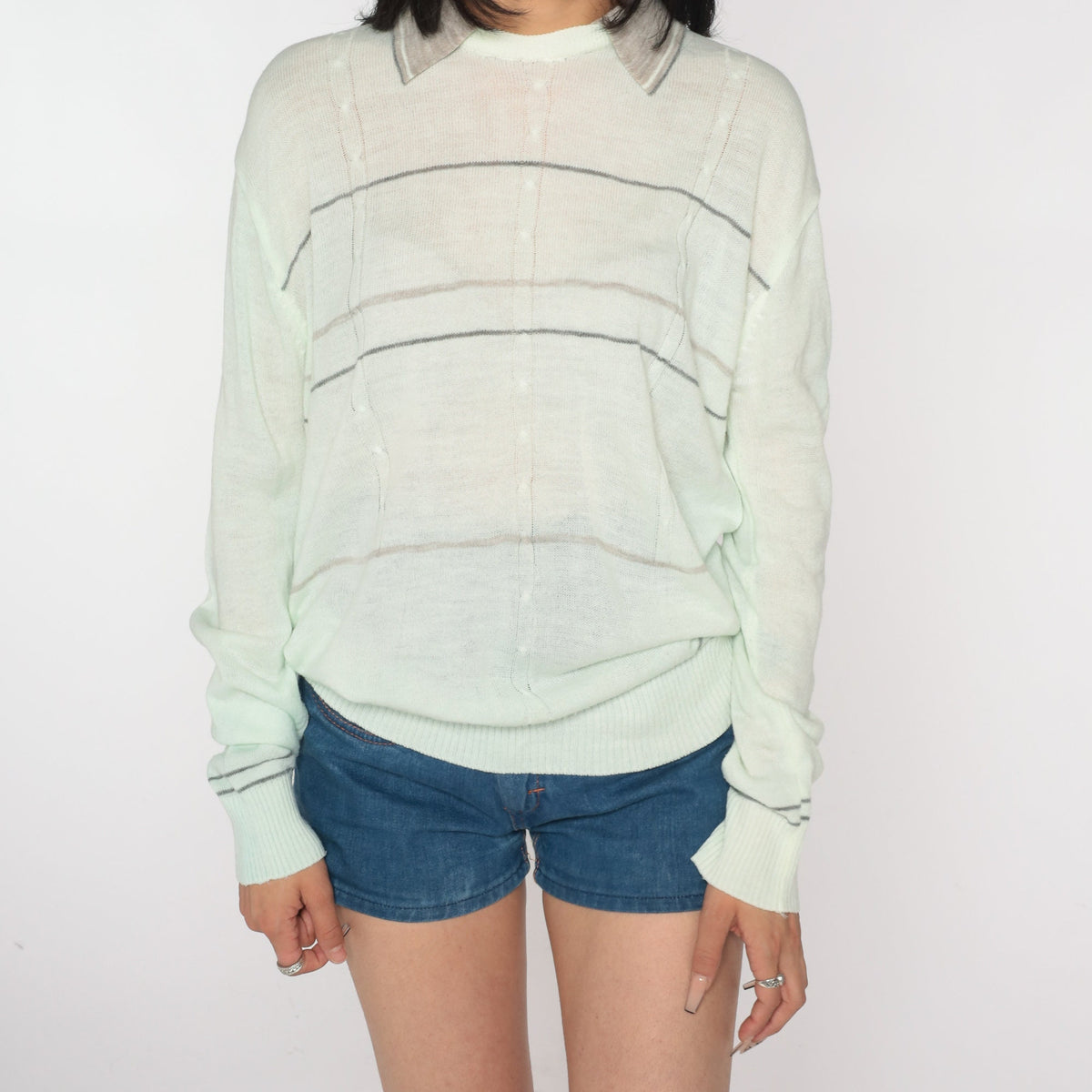 80s Light Green Cable Knit Collared Pullover Sweater Striped Grey Collar Large