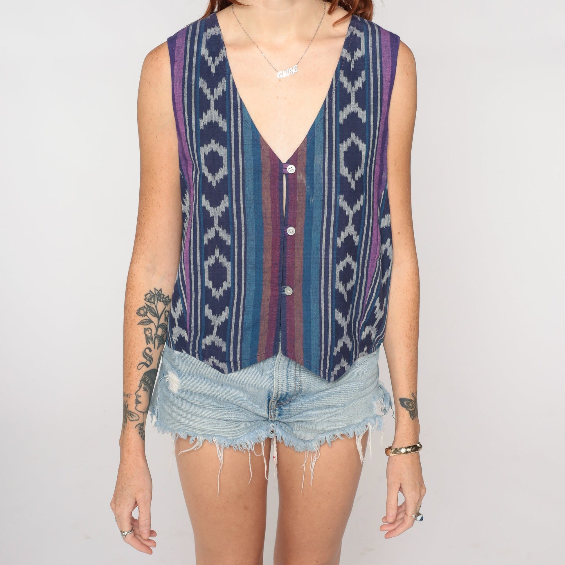 90s Blue Ikat Striped Button-Up Vest Cotton Sleeveless Top Medium
