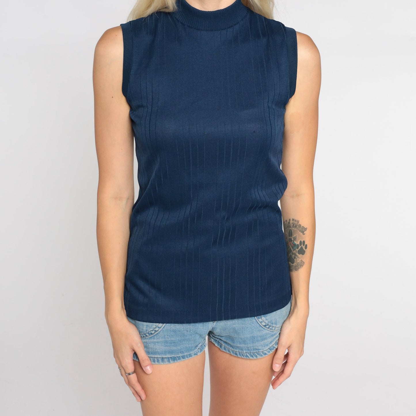 70s Navy Mock Neck Tank Top Ribbed Sleeveless Blouse Small S