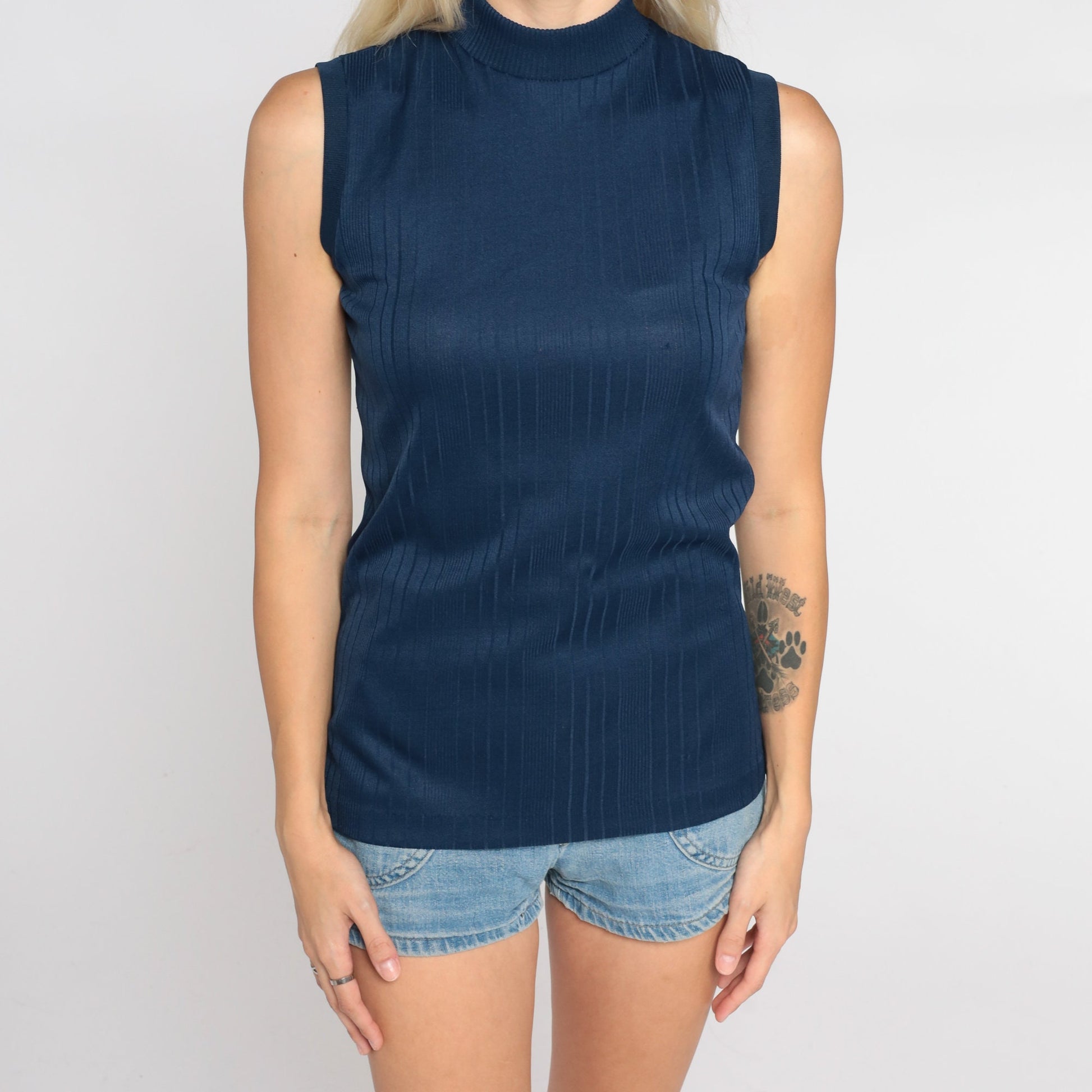 70s Navy Mock Neck Tank Top Ribbed Sleeveless Blouse Small S