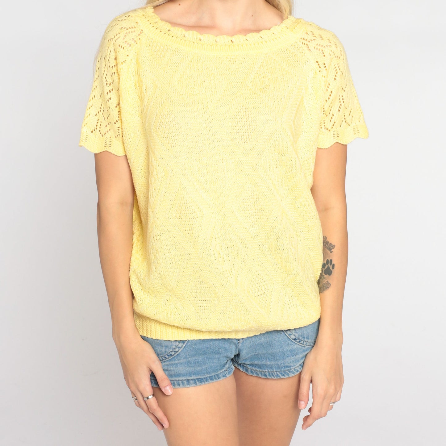 80s Yellow Knit Top Diamond Pointelle Cutout Crochet Raglan Large L