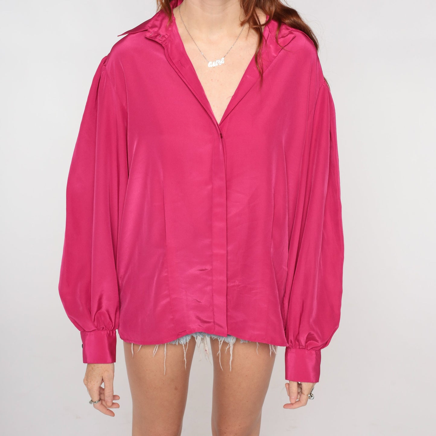 80s Fuchsia Puff Sleeve Blouse Hidden Button Up Shirt Large L
