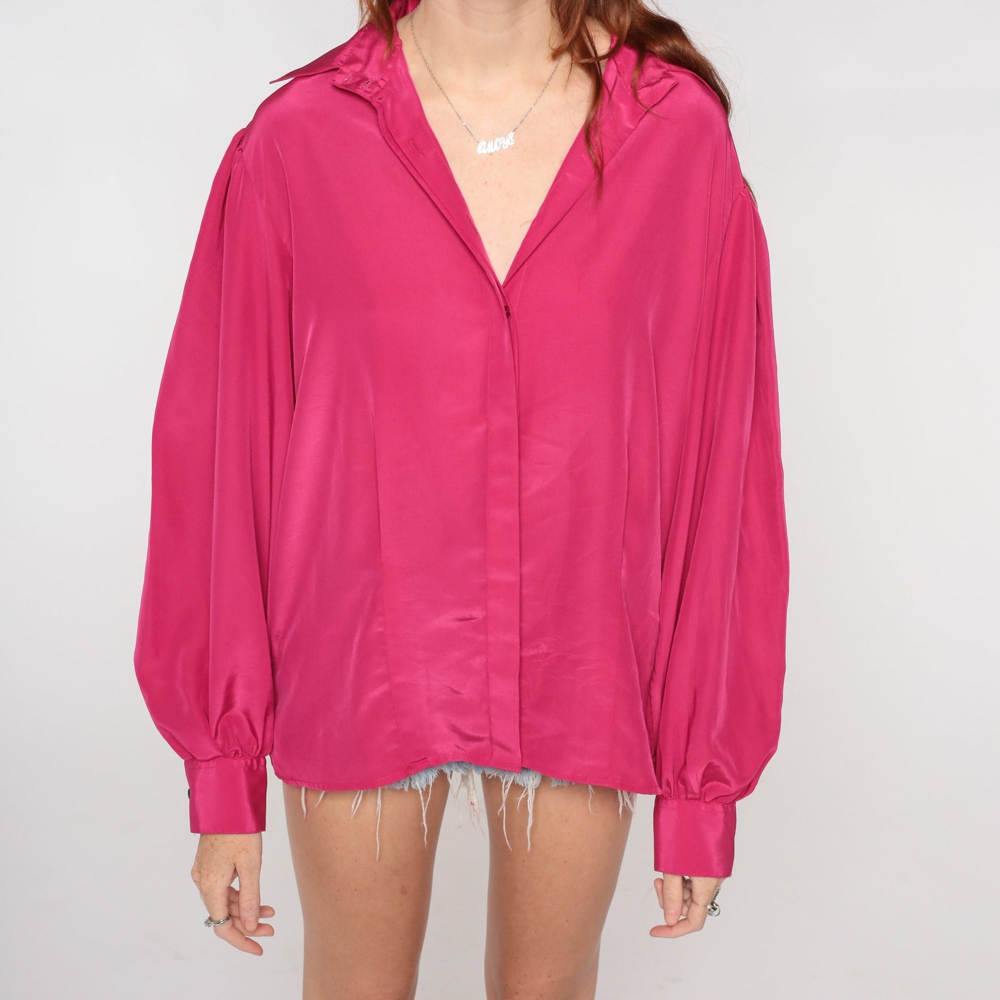 80s Fuchsia Puff Sleeve Blouse Hidden Button Up Shirt Large L