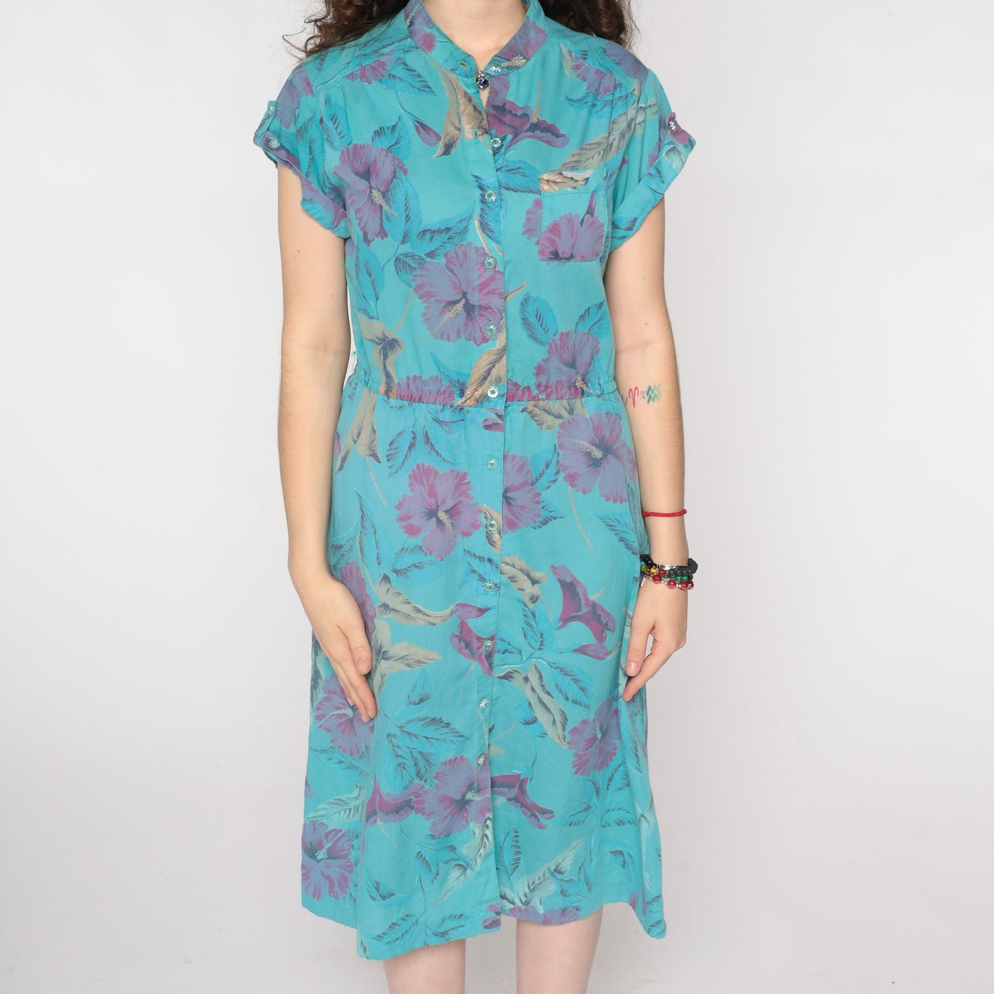 80s Floral Midi Shirtdress Blue Flower Print Button-Up High Waist Medium
