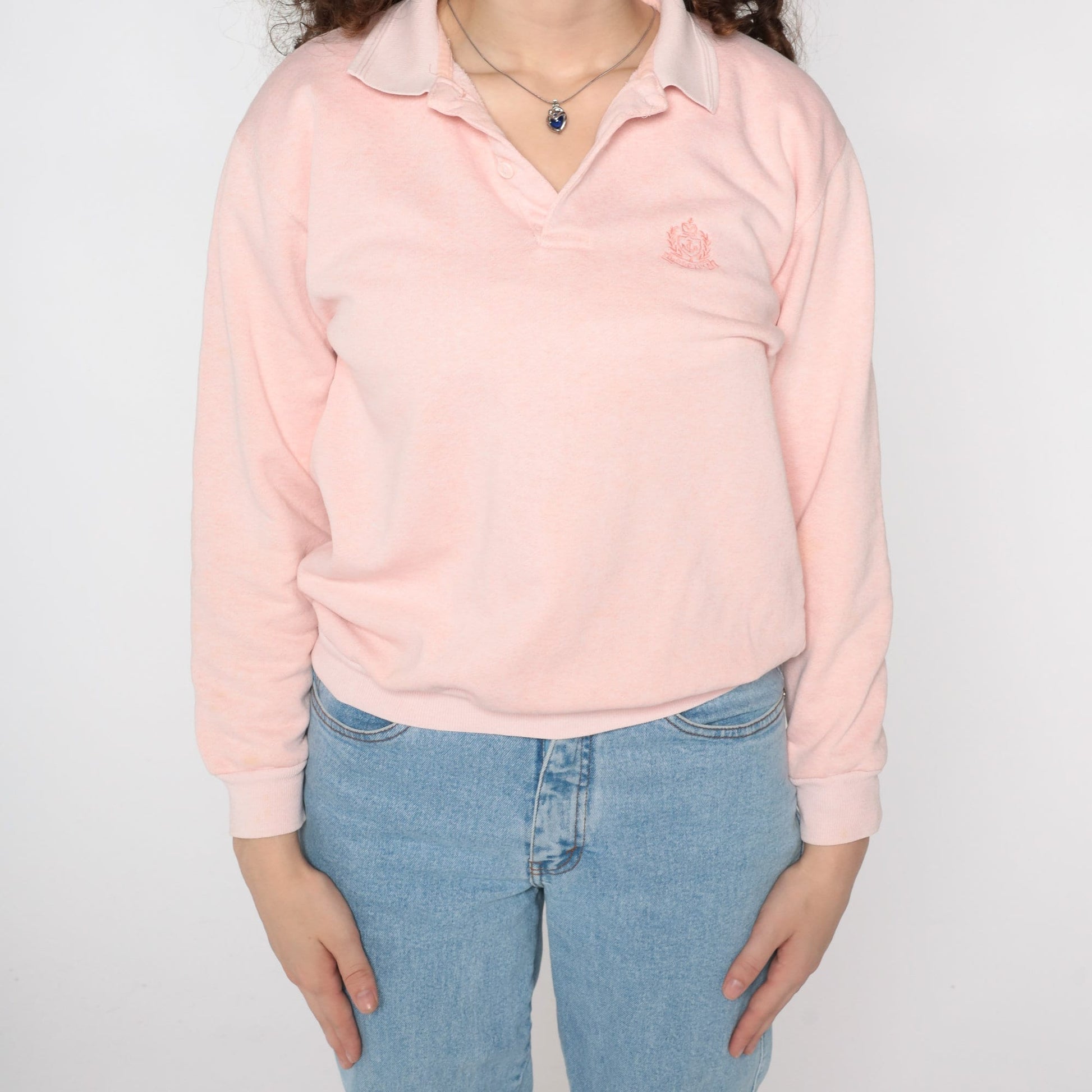 80s Anchor Crest Polo Sweatshirt Baby Pink Nautical Button Neck Small