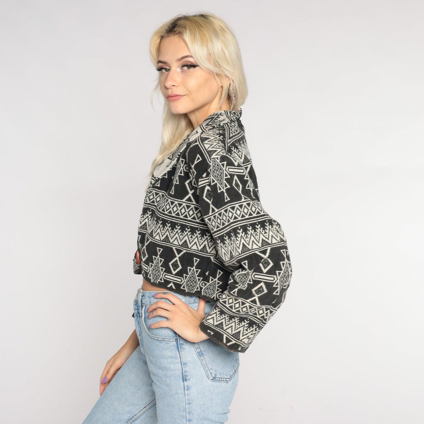 90s Southwest Tapestry Blazer Black Off-White Cropped Button Jacket Medium