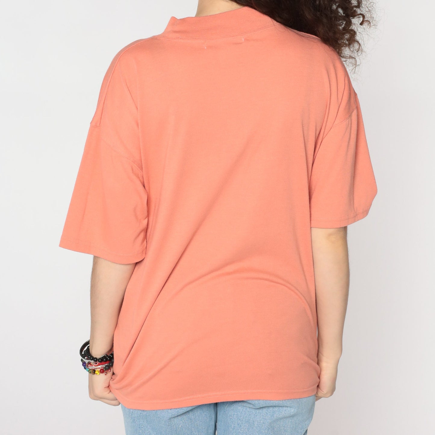 90s Orange Mock Neck T-Shirt Plain Tee Cotton Blend Large L