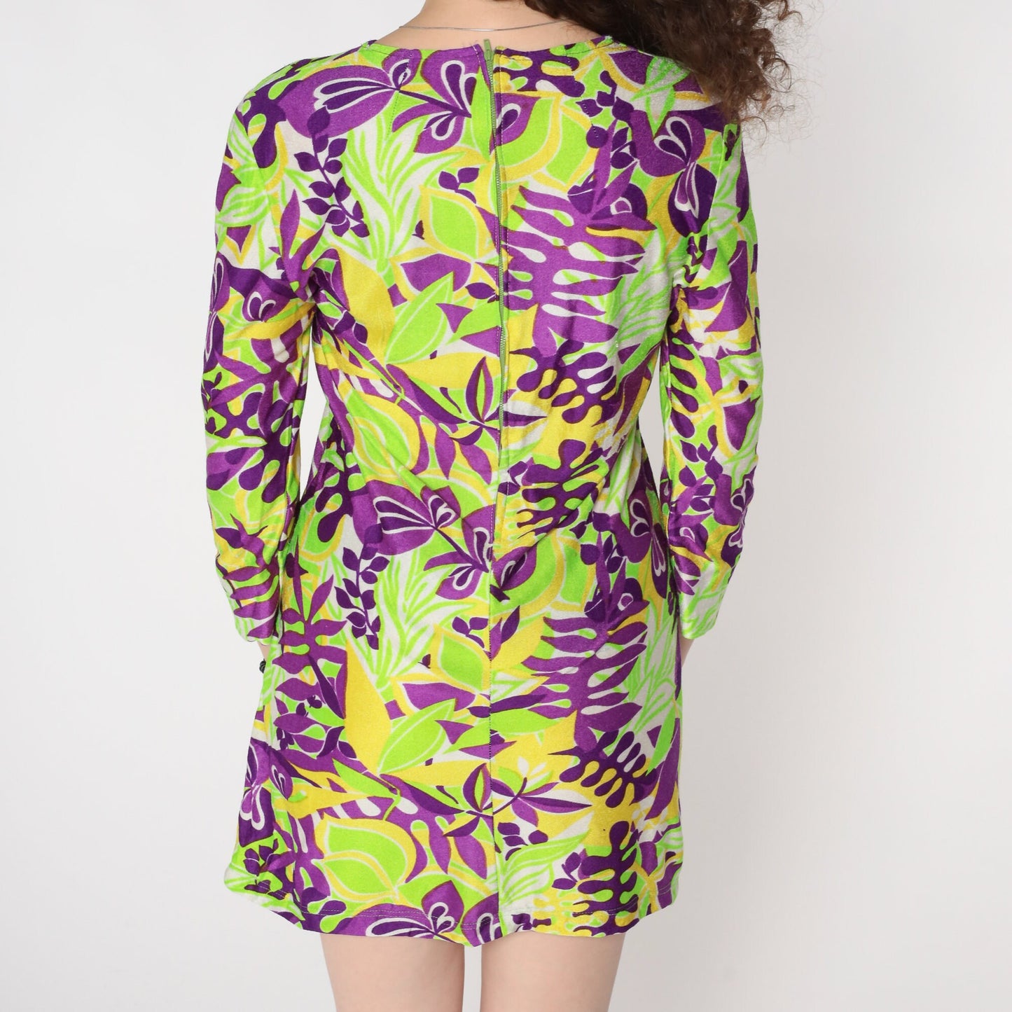 60s Psychedelic Leaf Print Mini Dress Long Sleeve Shift Green Purple Small