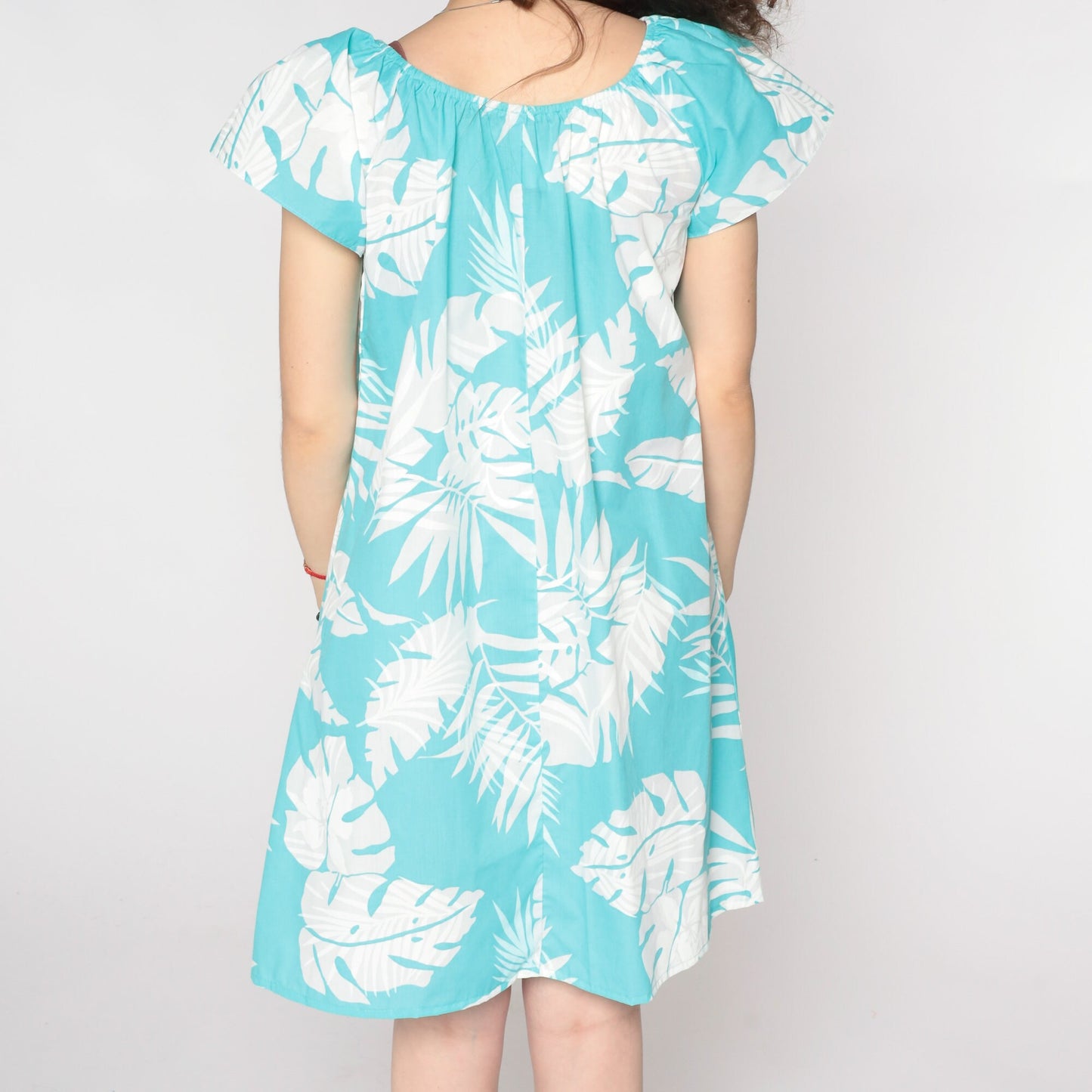 80s Tropical Leaf Print Mini Dress Blue Short Sleeve Shift Medium