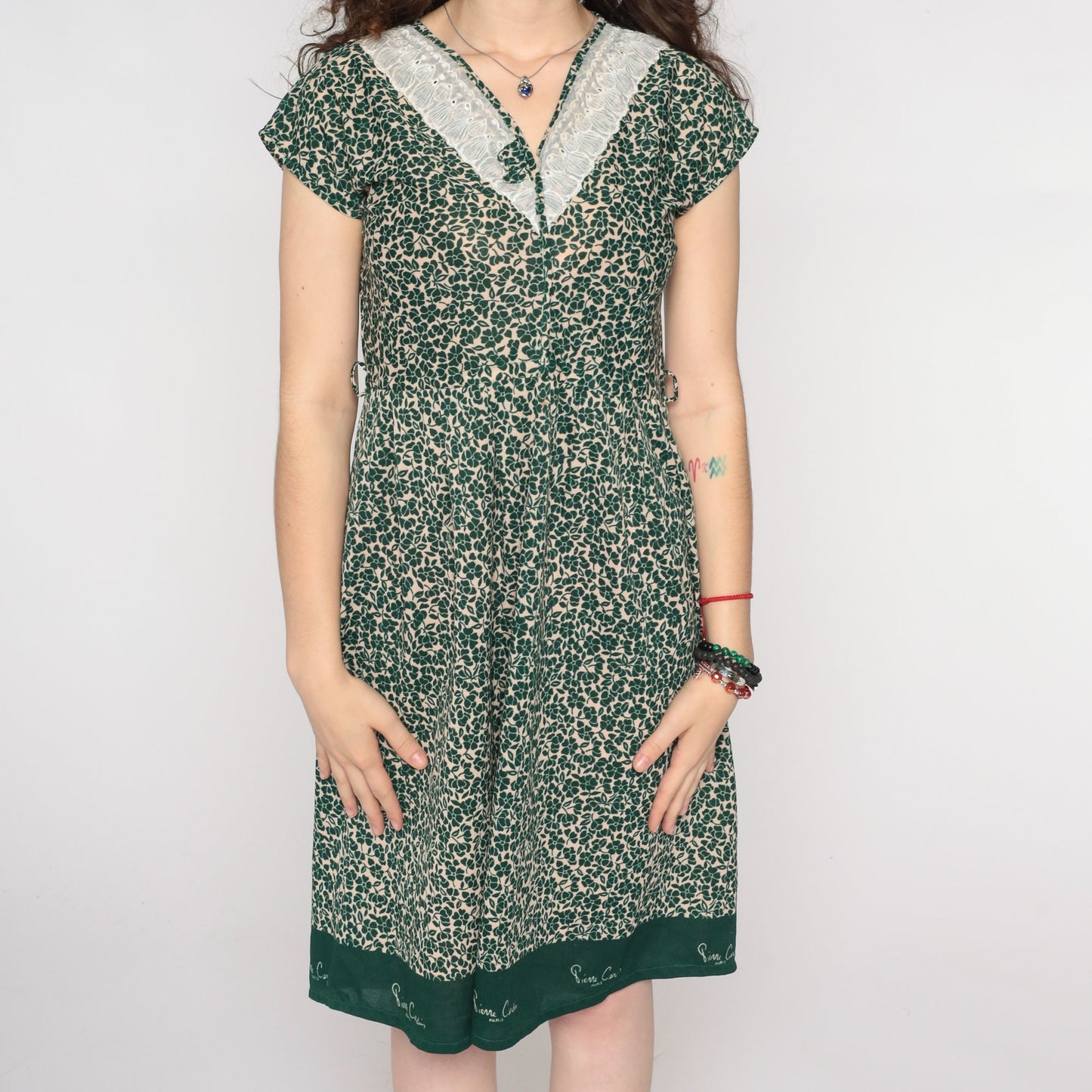 80s Pierre Cardin Green Floral Midi Dress V-Neck Lace Yoke Small