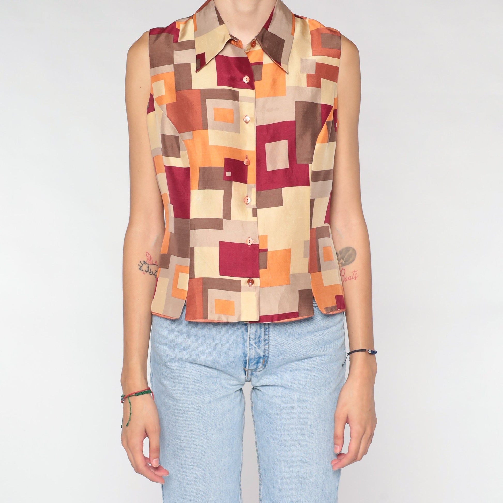 Y2K Silk Tank Top Geometric Square Print Brown Orange Medium M