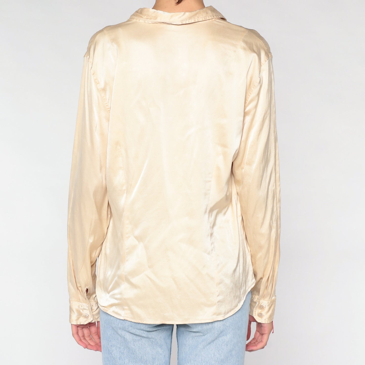 00s Gap Champagne Silk Button-Up Blouse Long Sleeve Collared Shirt Large L