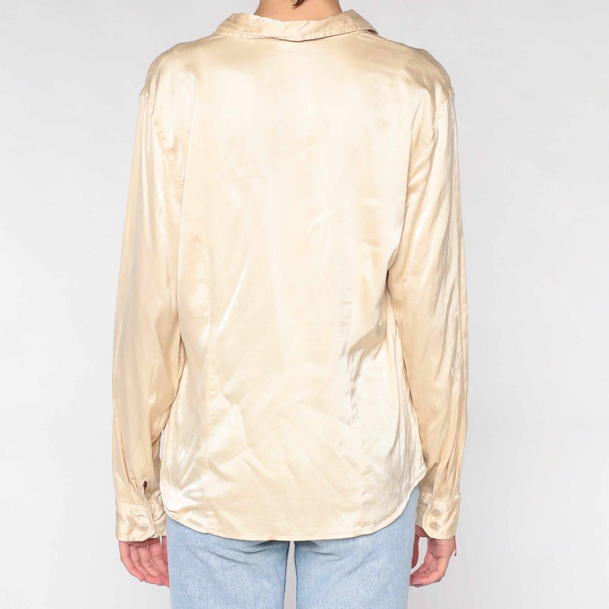 00s Gap Champagne Silk Button-Up Blouse Long Sleeve Collared Shirt Large L