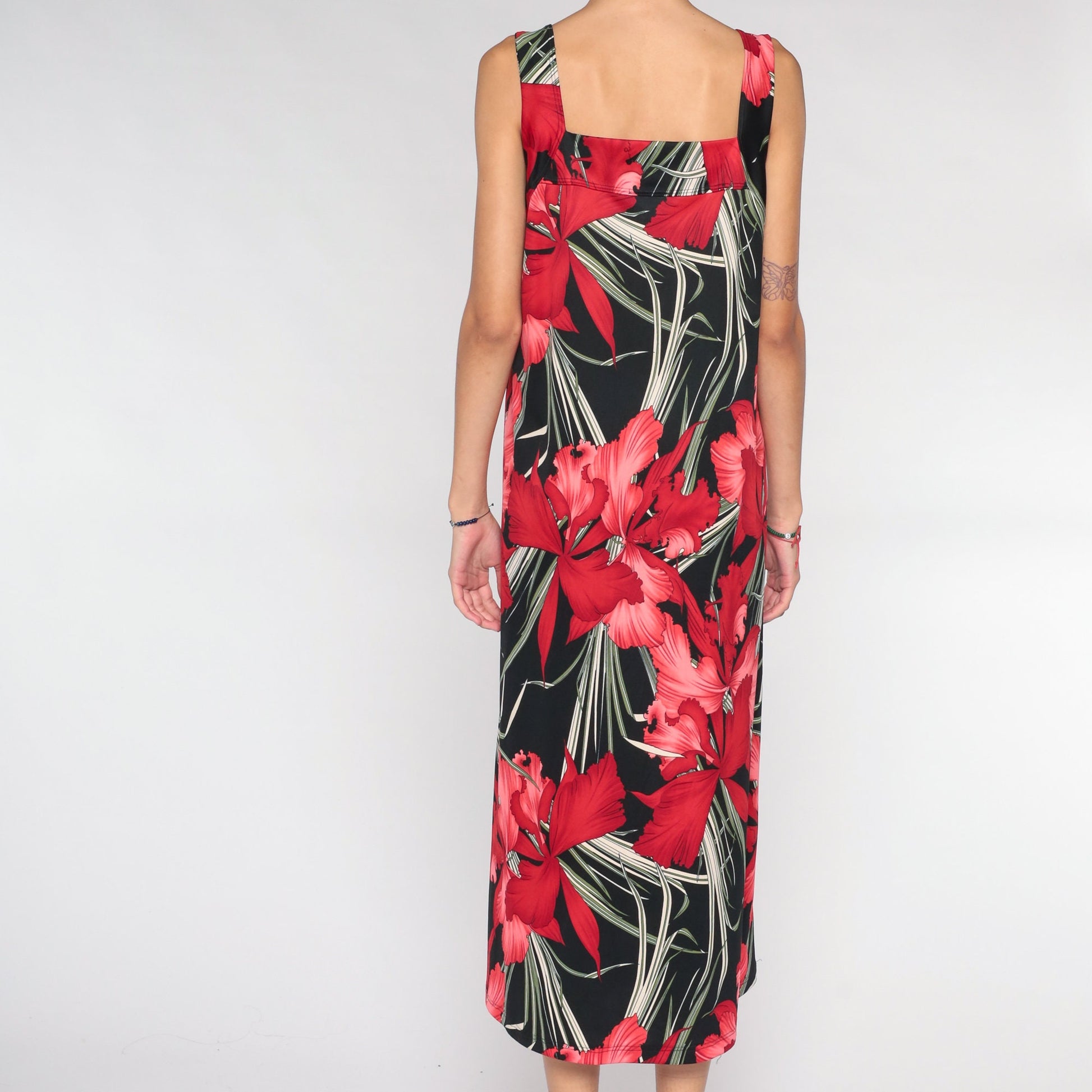 90s Black Floral Midi Dress Orchid Print Sleeveless Extra Large XXL