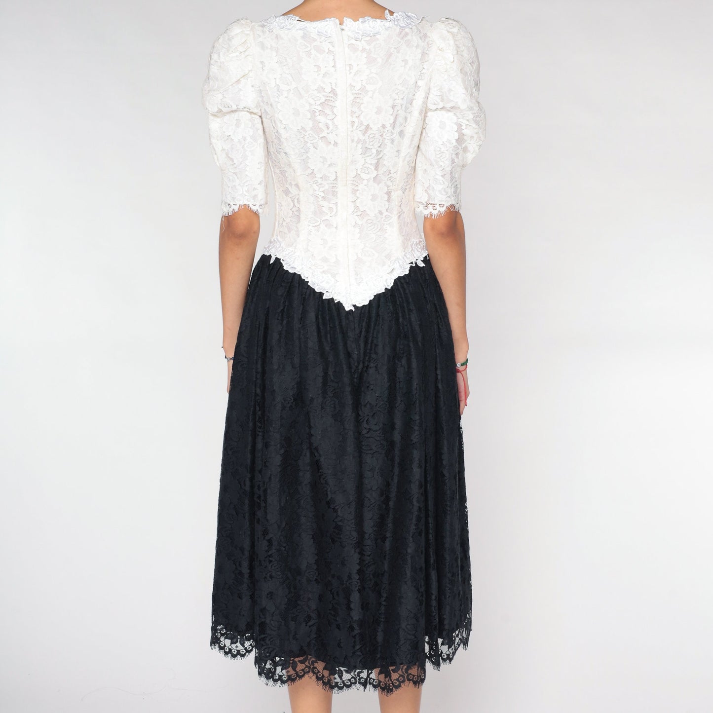 80s Black White Lace Midi Dress Puff Sleeve Basque Waist Small