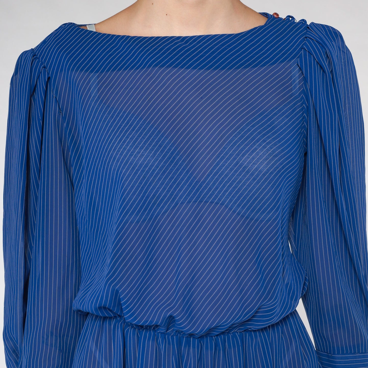 70s Striped Midi Dress Blue Sheer Puff Sleeve High Waist Small Medium