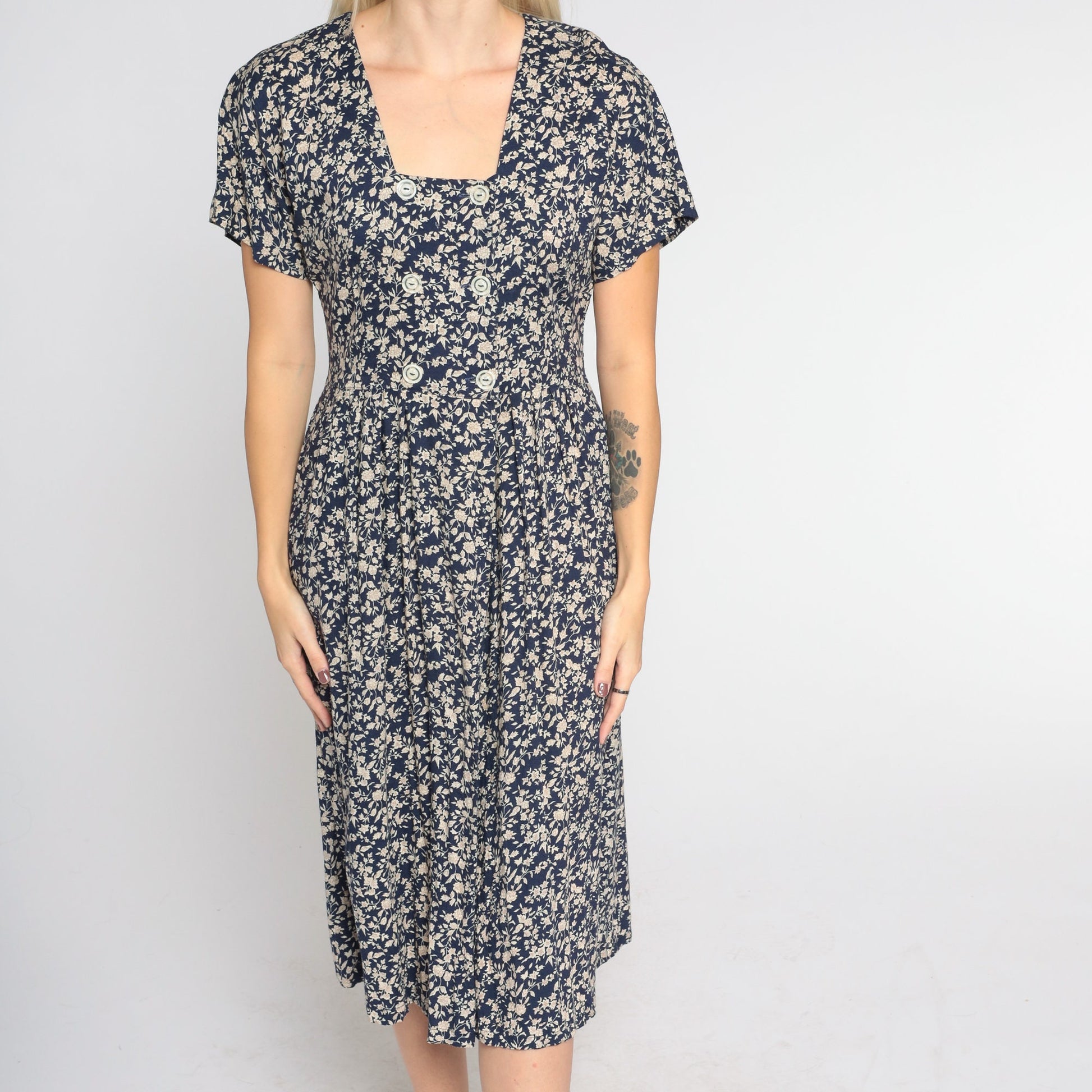 90s All That Jazz Navy Floral Midi Dress Double Breasted High Waist Small