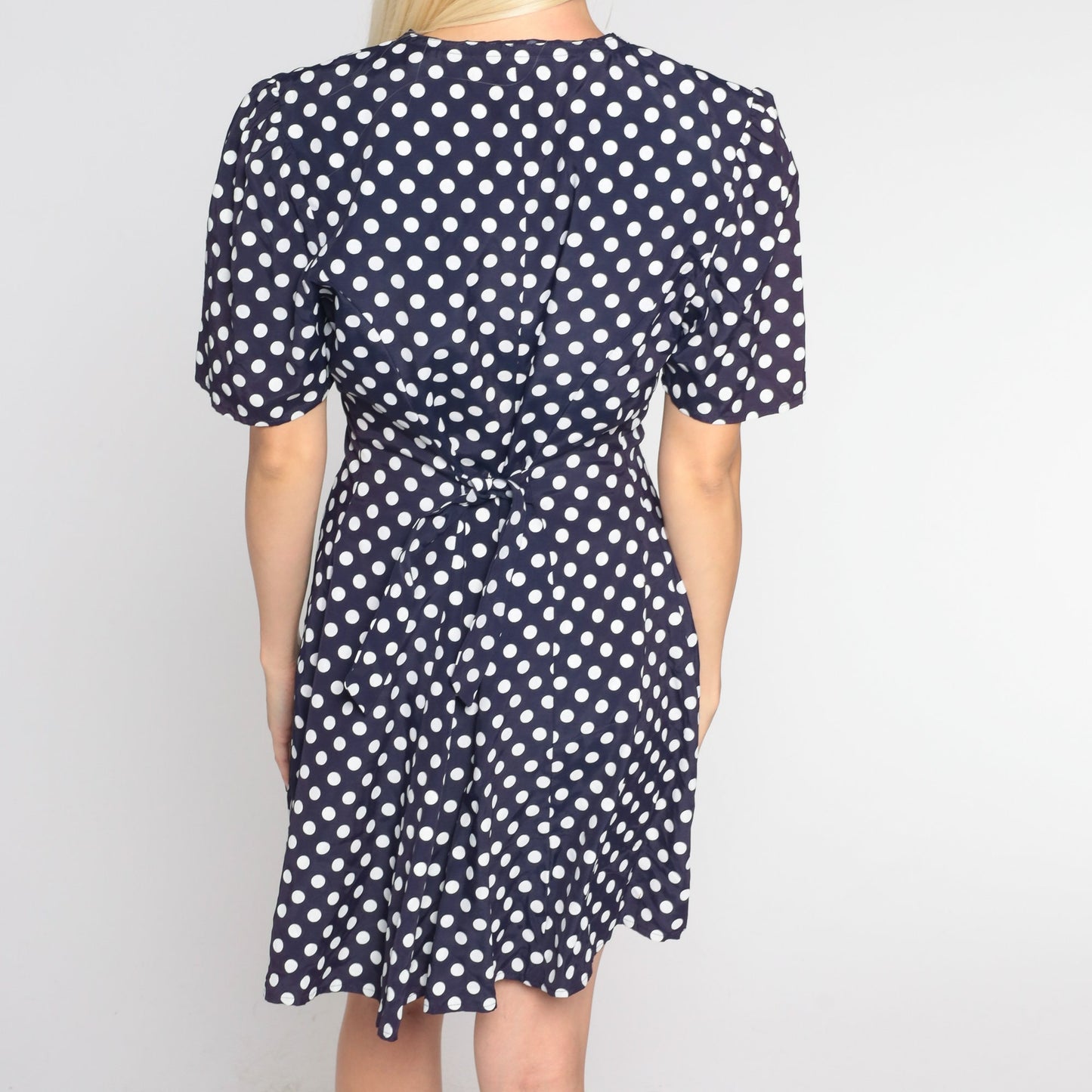 90s Navy Polka Dot Romper White Print Button-Up Short Sleeve Wide Leg Medium M